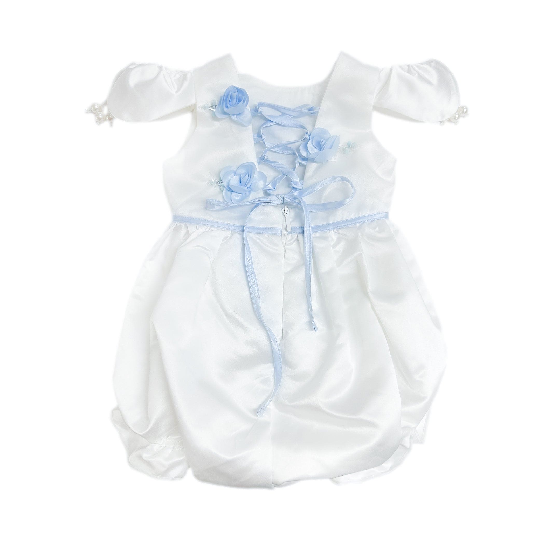 Daphne White Satin Romper with Blue Embroidery - Petite Maison Kids