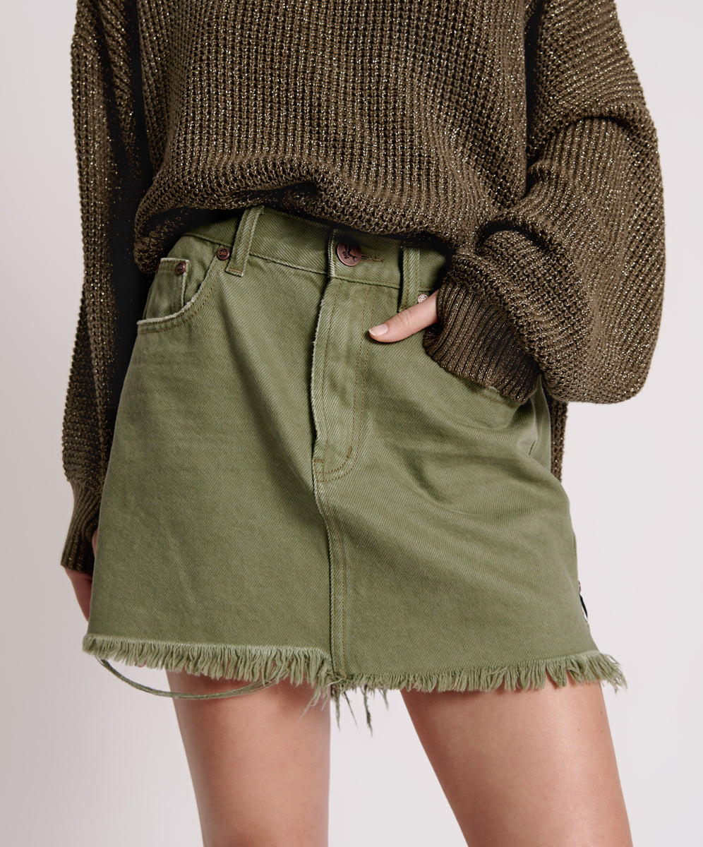 2020 High Waist Mini Denim Skirt - Military Khaki