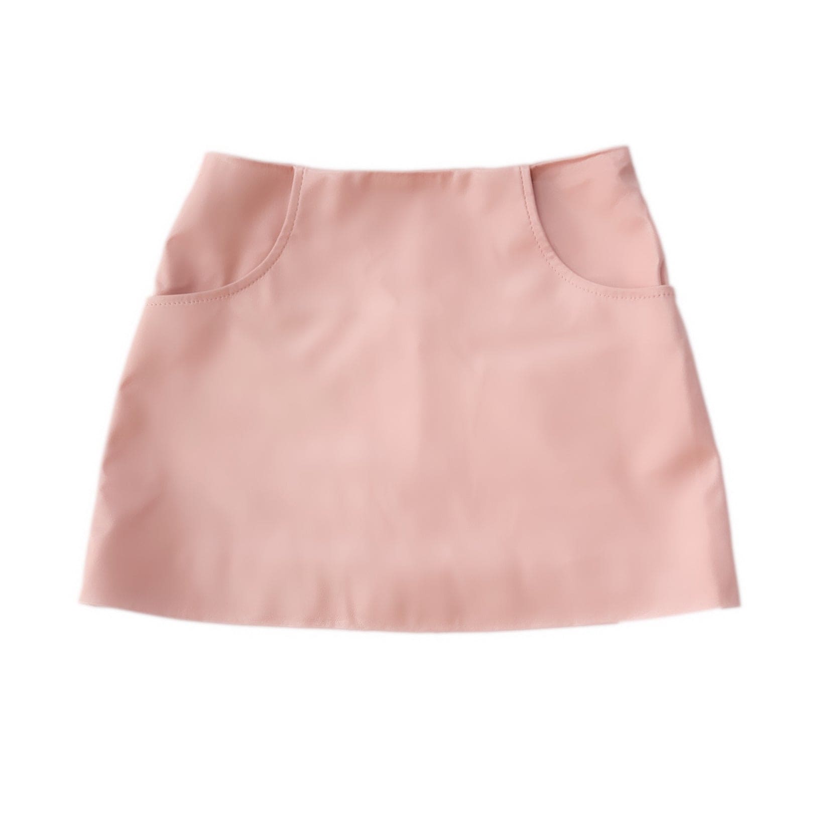 Pink vegan leather skirt with functional front pockets, smooth faux leather finish