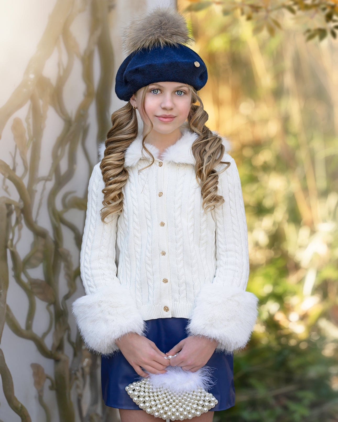 White Cableknit Faux Fur Cotton Cardigan - Petite Maison Kids