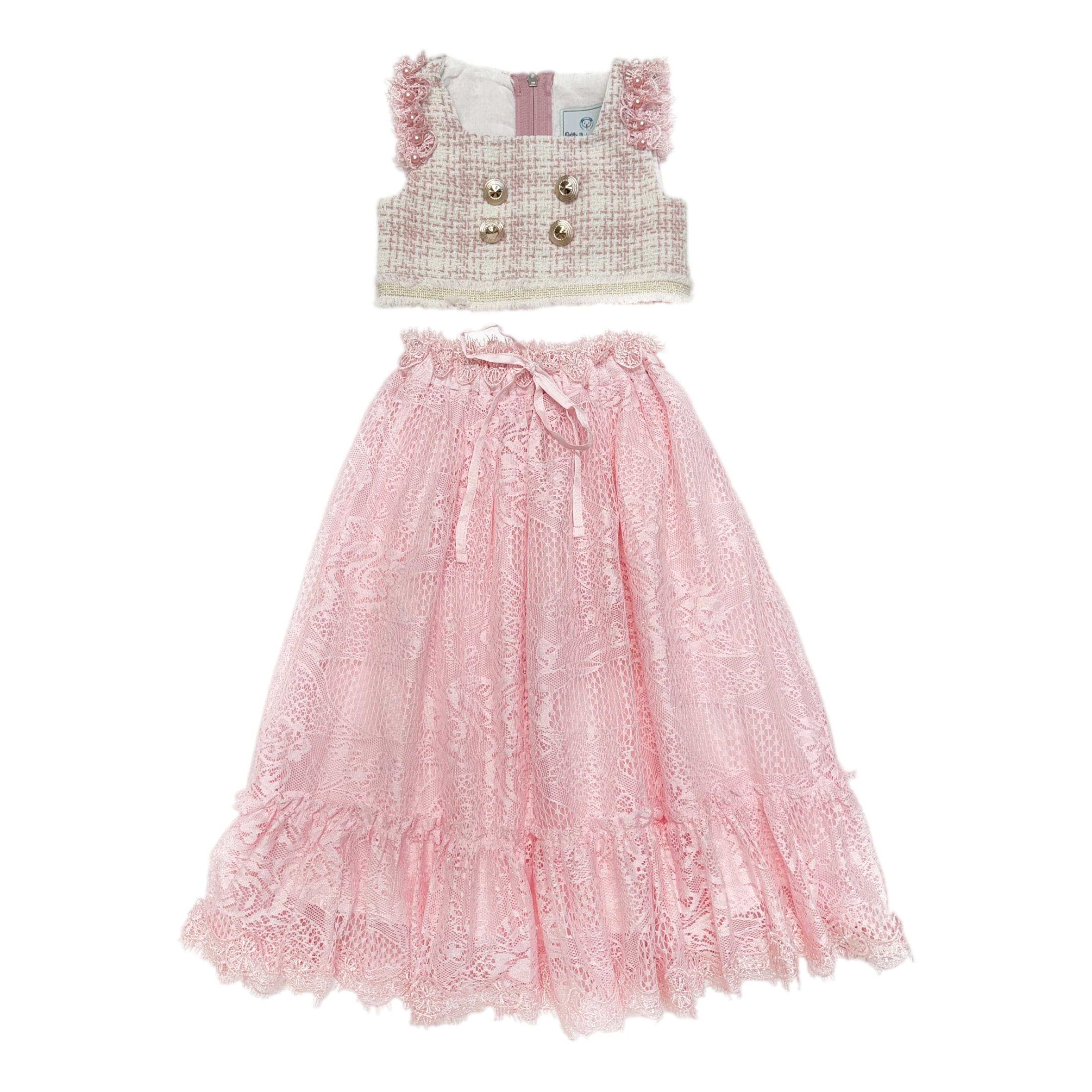 Girls pink and white tweed top and lace skirt set featuring gold embellished buttons, pearl embroidered fringe shoulders, and elegant tinsel trim details.
