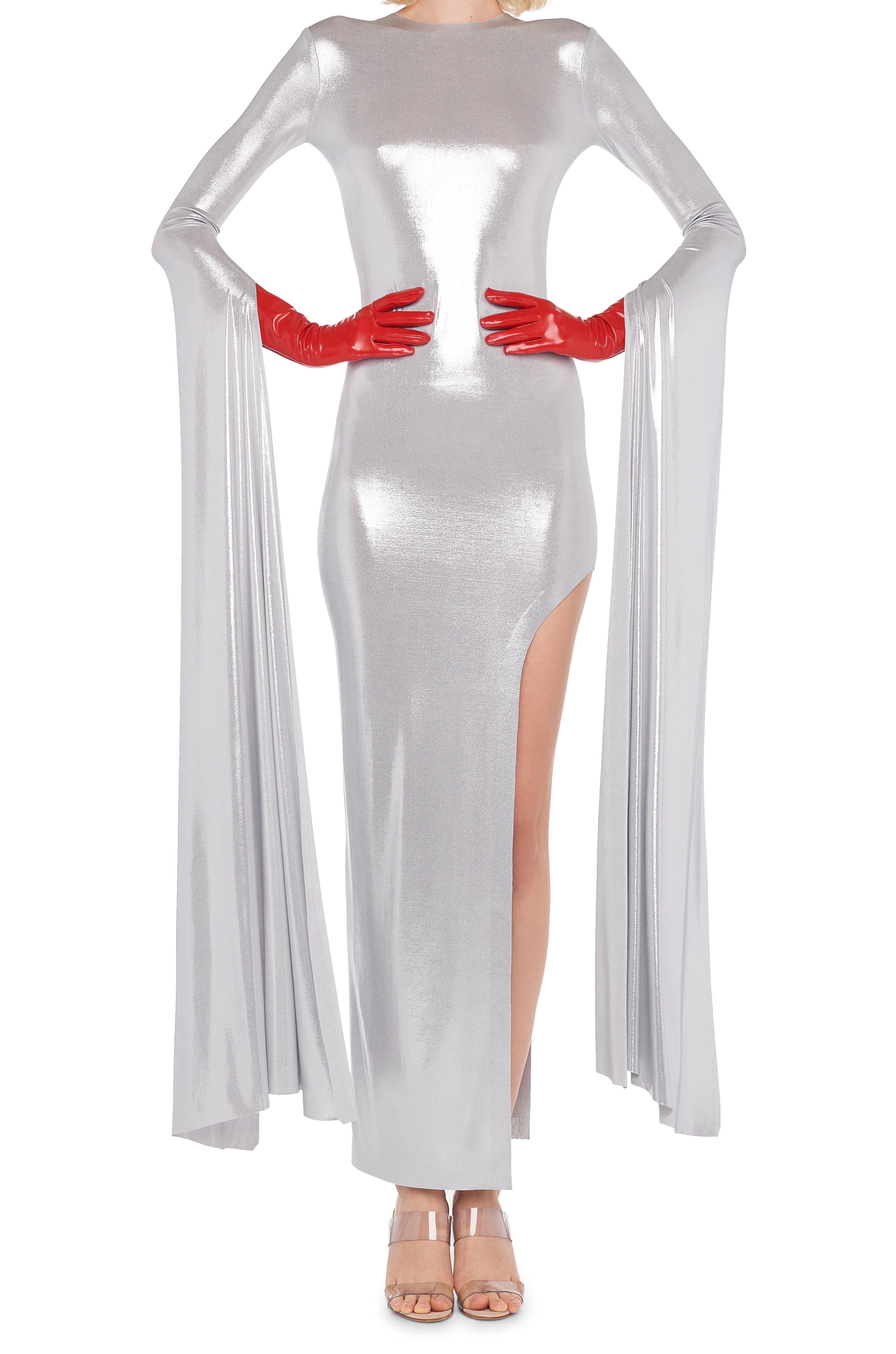 RIBBON SLEEVE WIDE SLIT GOWN