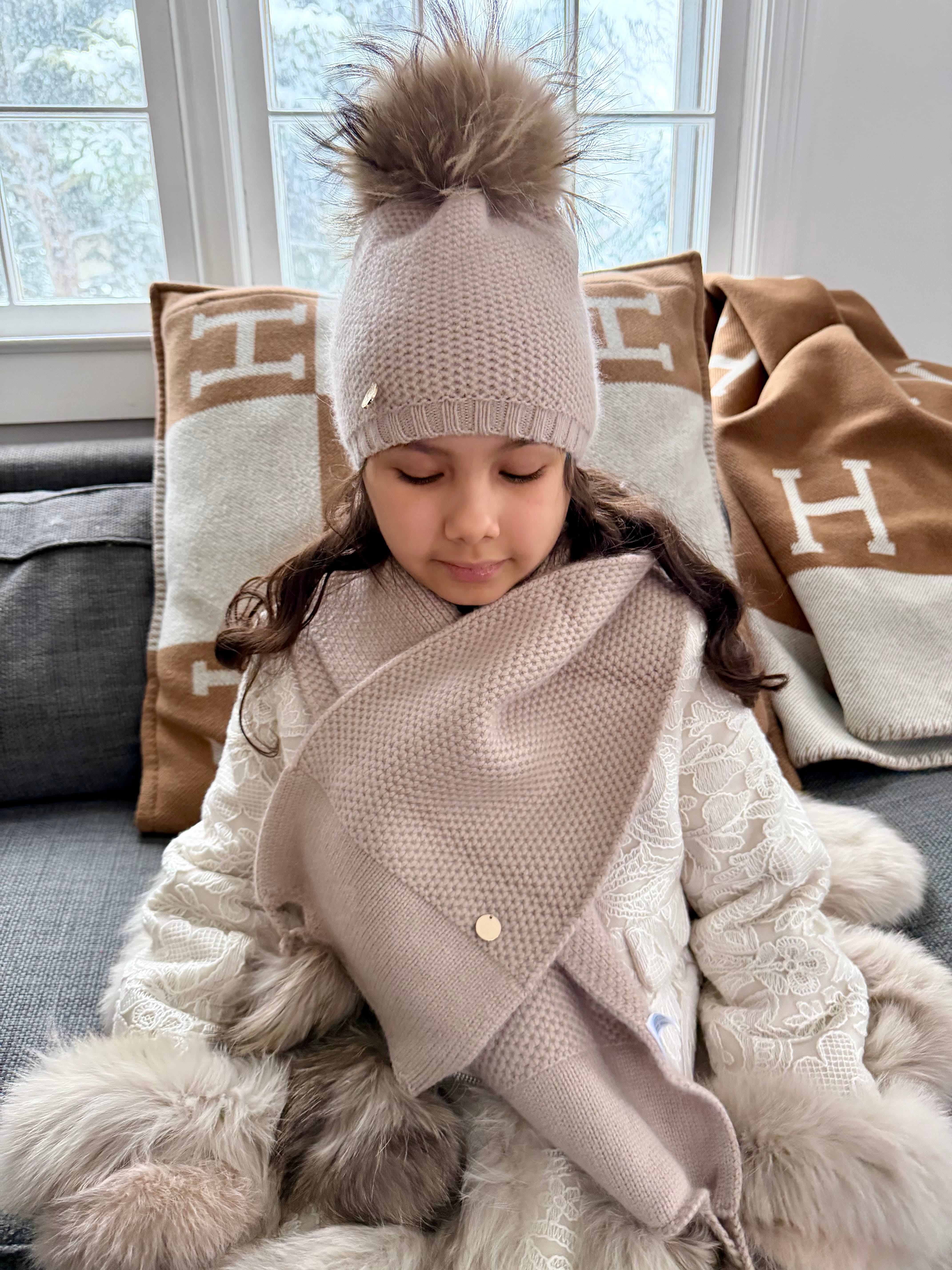 Honeycomb Beige Cashmere Fur Pom Scarf - Beige Fur Poms - Petite Maison Kids