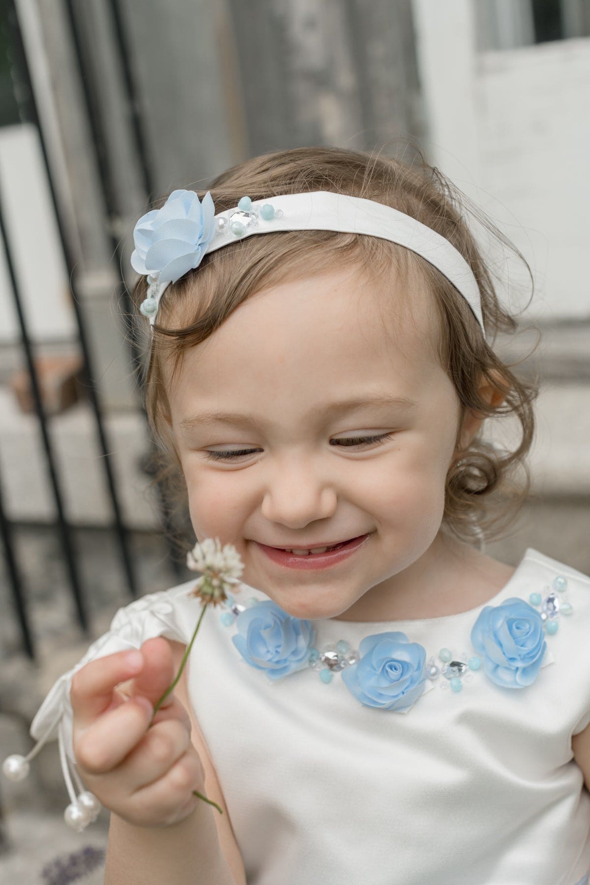Daphne White Satin Hair Sash with Blue Embroidery - Petite Maison Kids