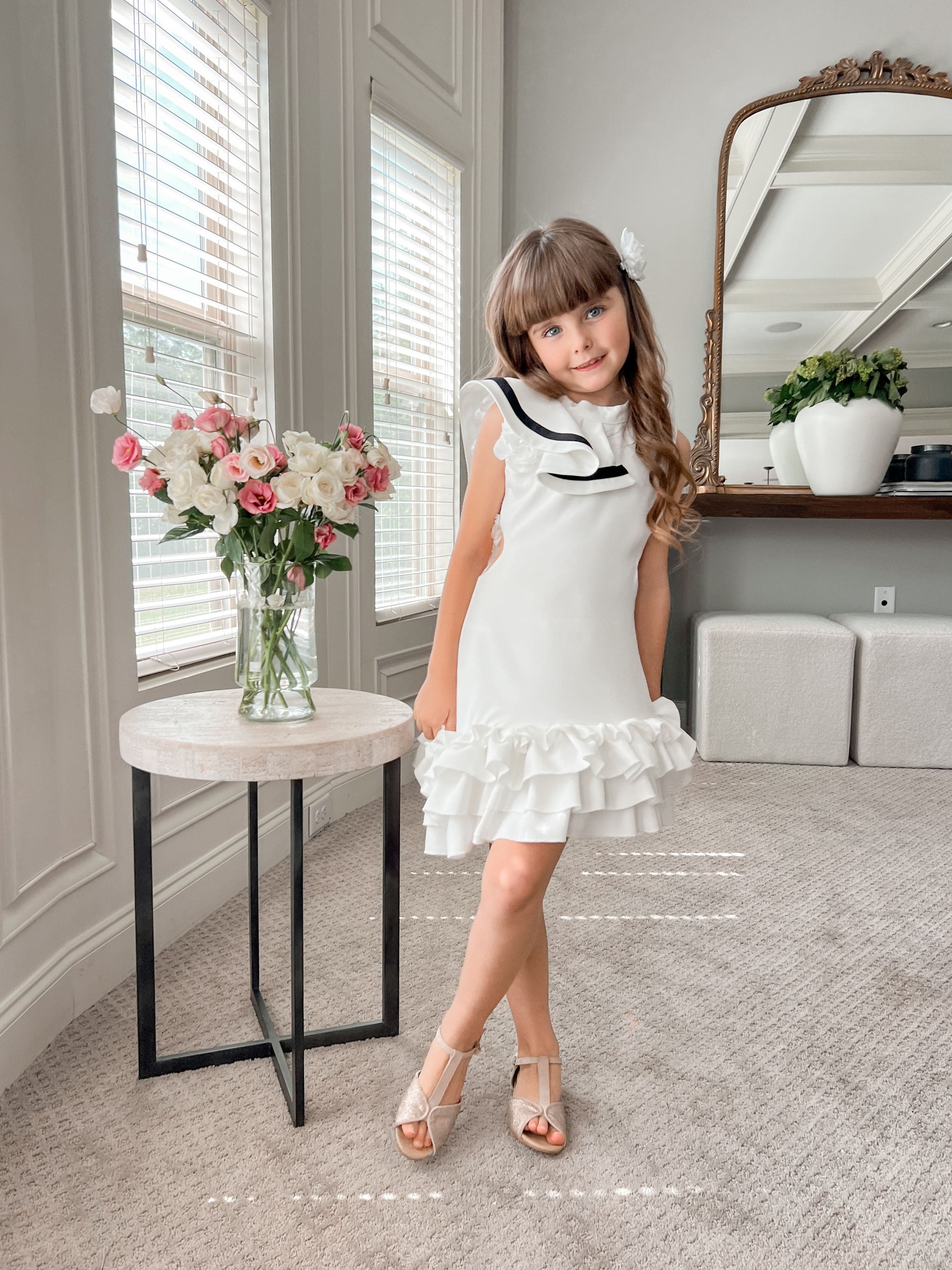 Alex White Ruffle Dress with Black Contrast Line - Petite Maison Kids