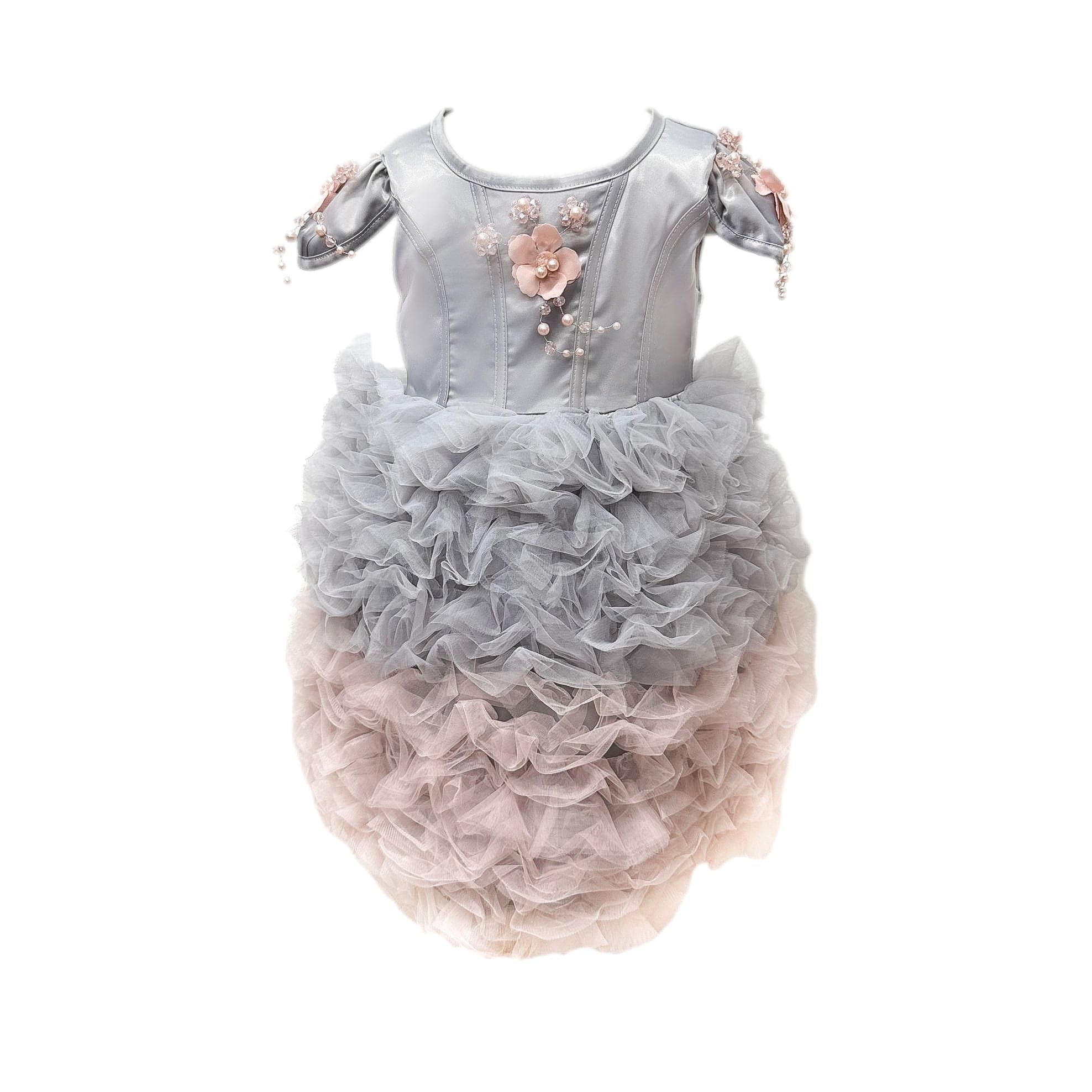 Mia grey and pink ombre cupcake tulle dress featuring a satin grey bodice with 3d flower details and a voluminous ruffle tulle skirt
