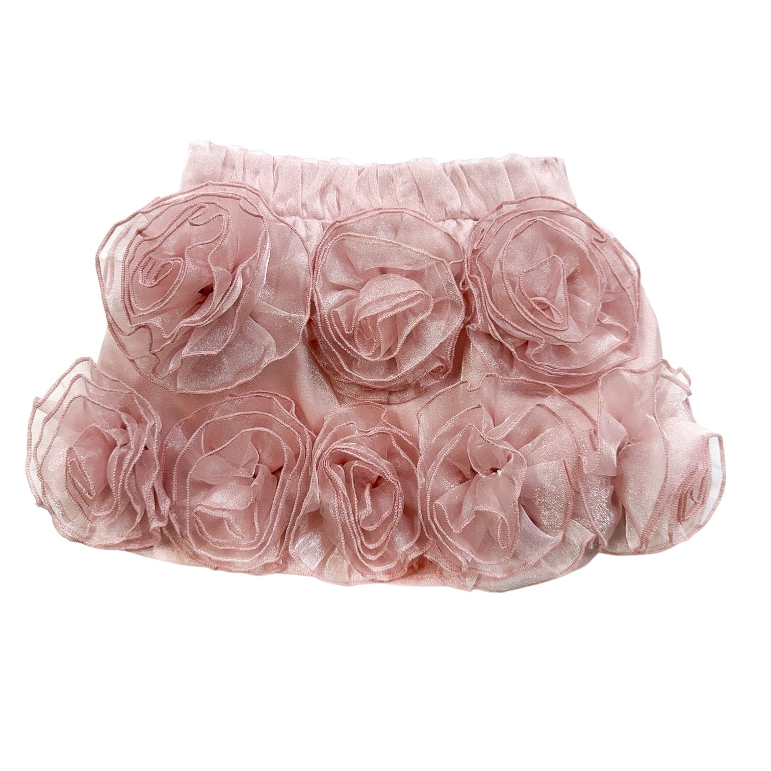 Vivian dusty pink organza skirt for girls featuring large organza floral appliqués, a lightweight airy silhouette, and an elegant knee-length fit.