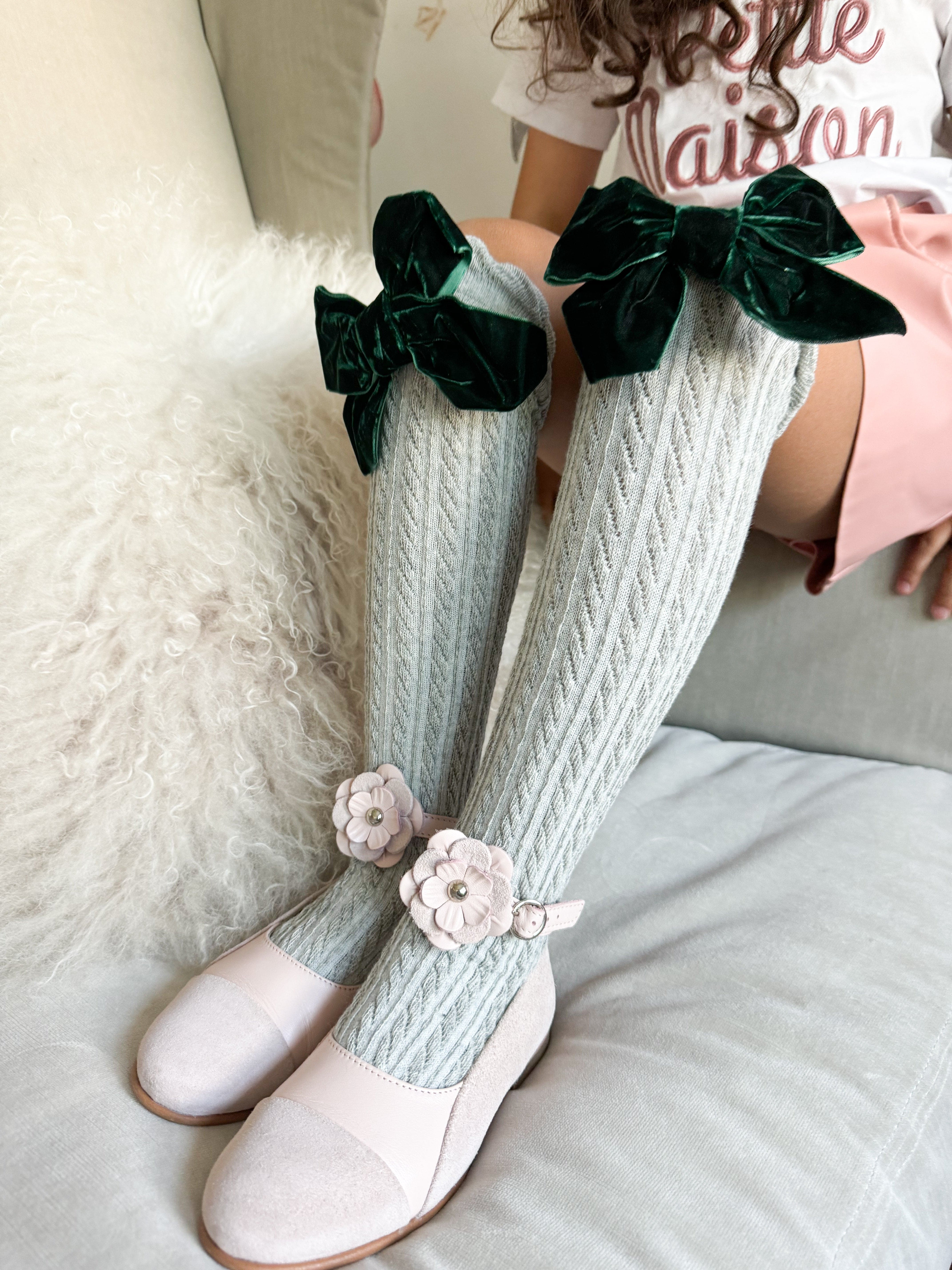 Grey Knee High Socks with Velvet Bows - Petite Maison Kids
