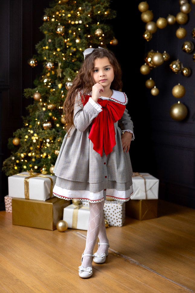 Georgina Tartan Print Dress with Red Bow - Petite Maison Kids