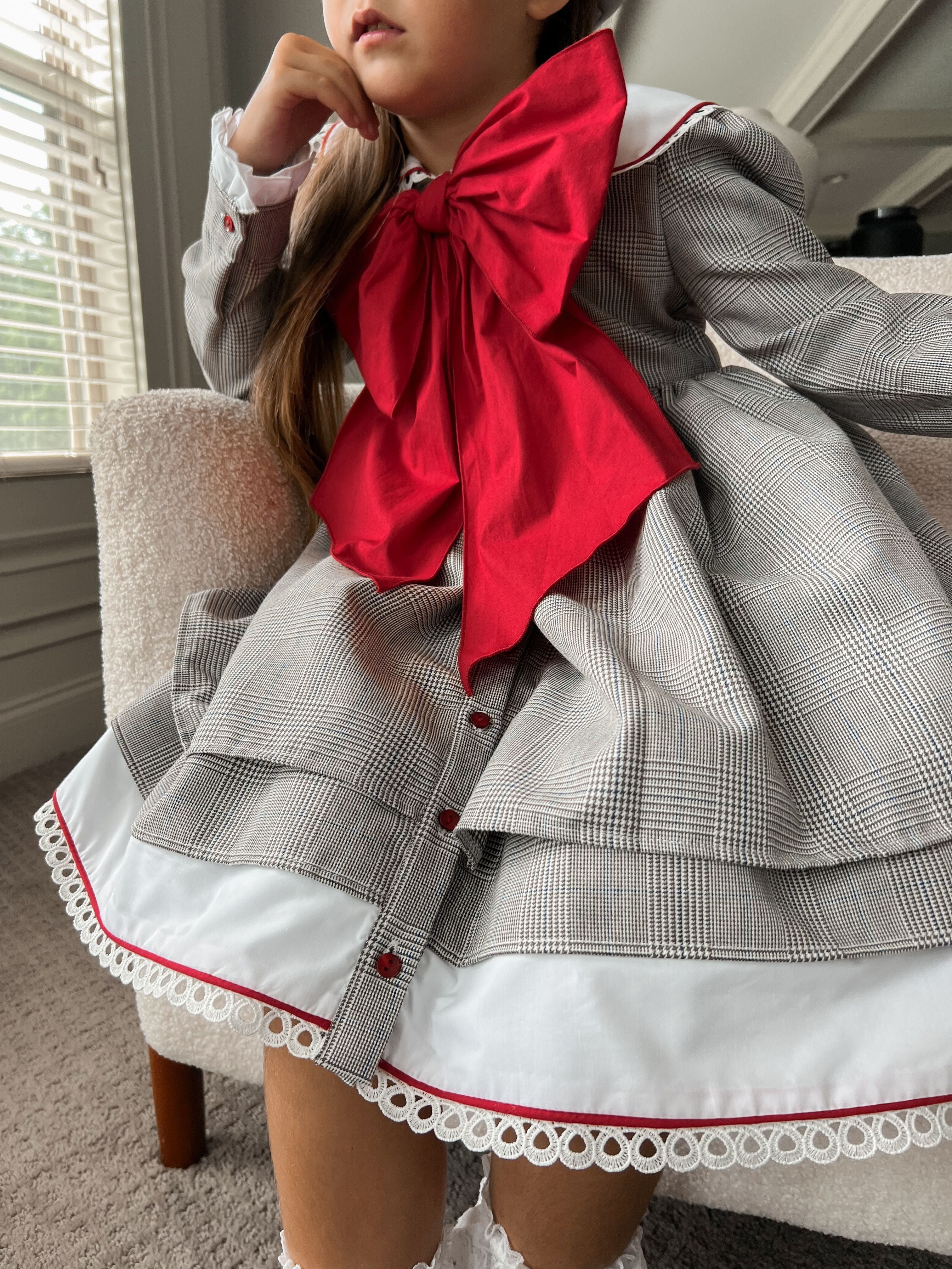 Georgina Tartan Print Dress with Red Bow - Petite Maison Kids