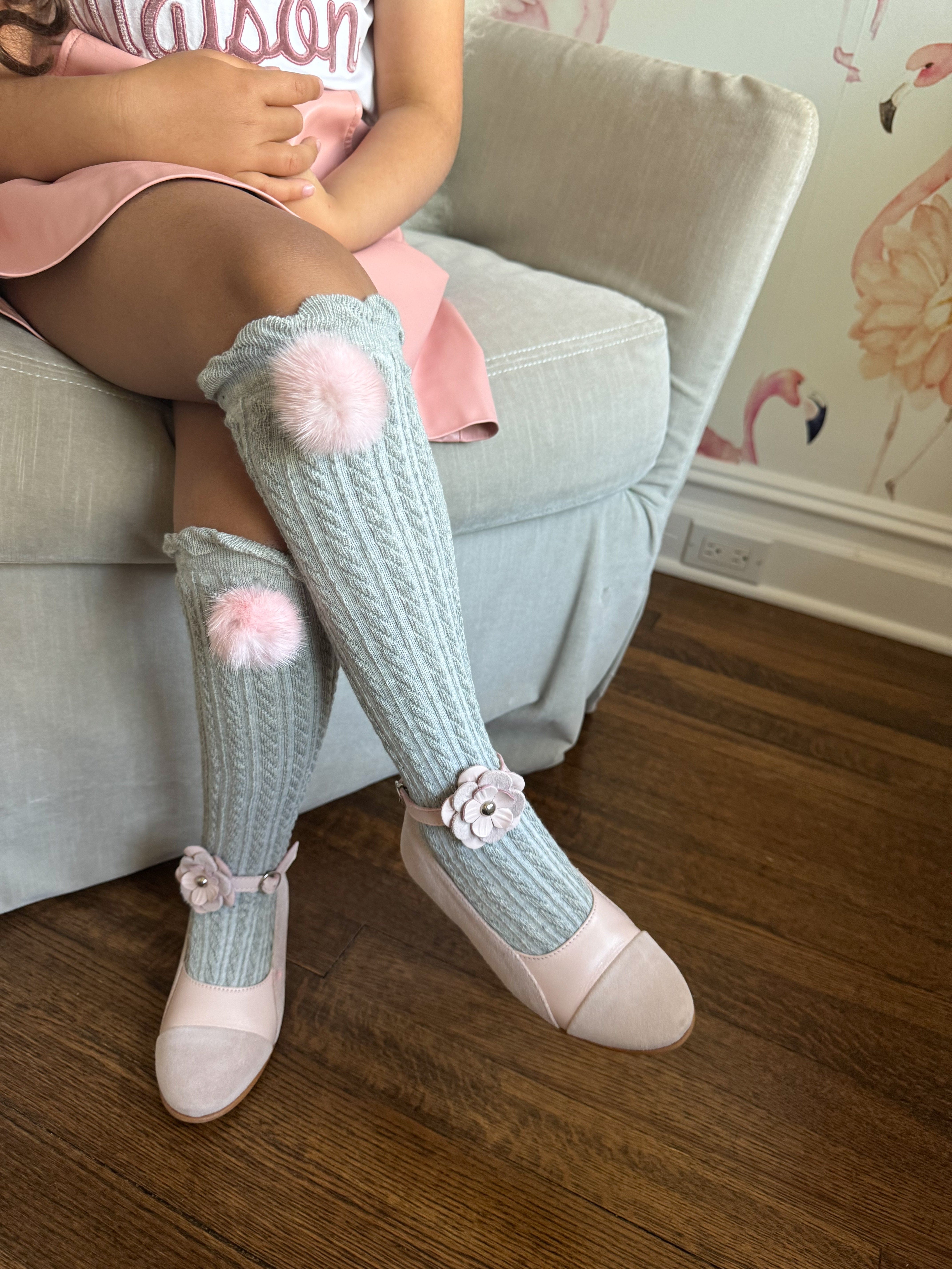 Grey Knee High Socks with Poms - Pink Pom - Petite Maison Kids