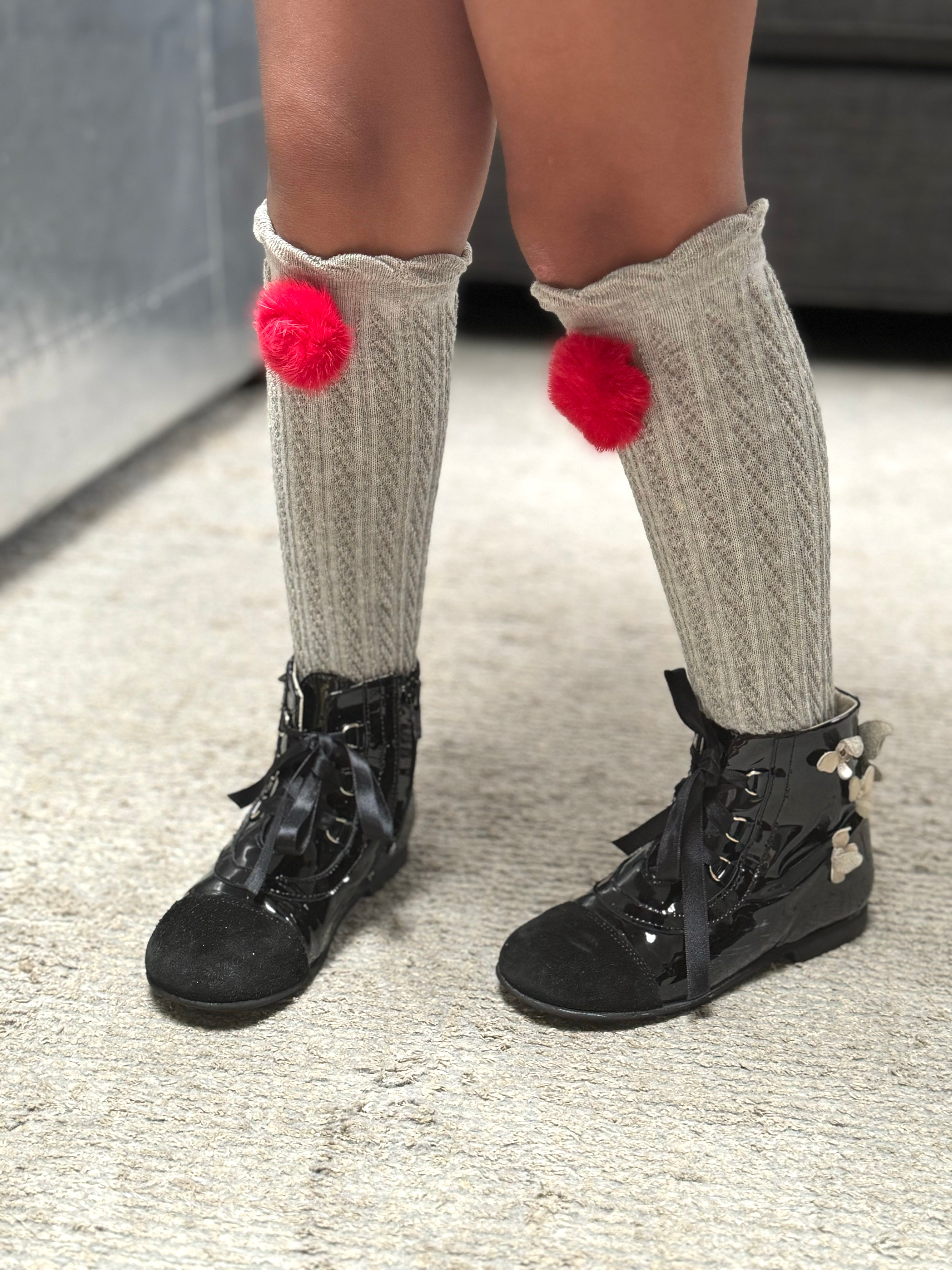 Grey Knee High Socks with Poms - Red Pom - Petite Maison Kids