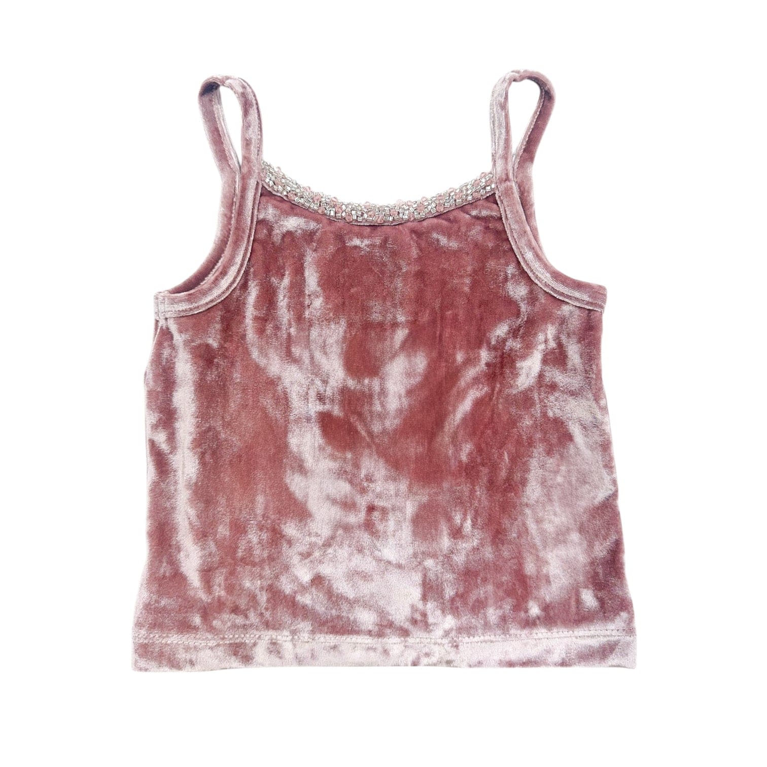 Vivian dusty pink velour tank top for girls featuring soft velour texture, delicate hand-beading, and elegant organza criss-cross back ties.