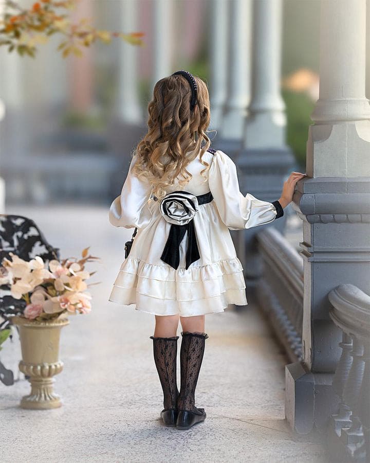 Evangeline Satin Champagne Ruffle Dress - Petite Maison Kids