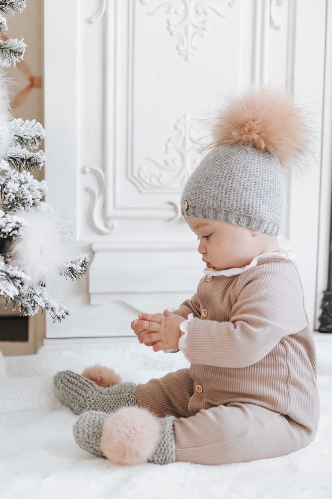 Honeycomb Grey Cashmere Beanie Hats - Pink Pom - Petite Maison Kids