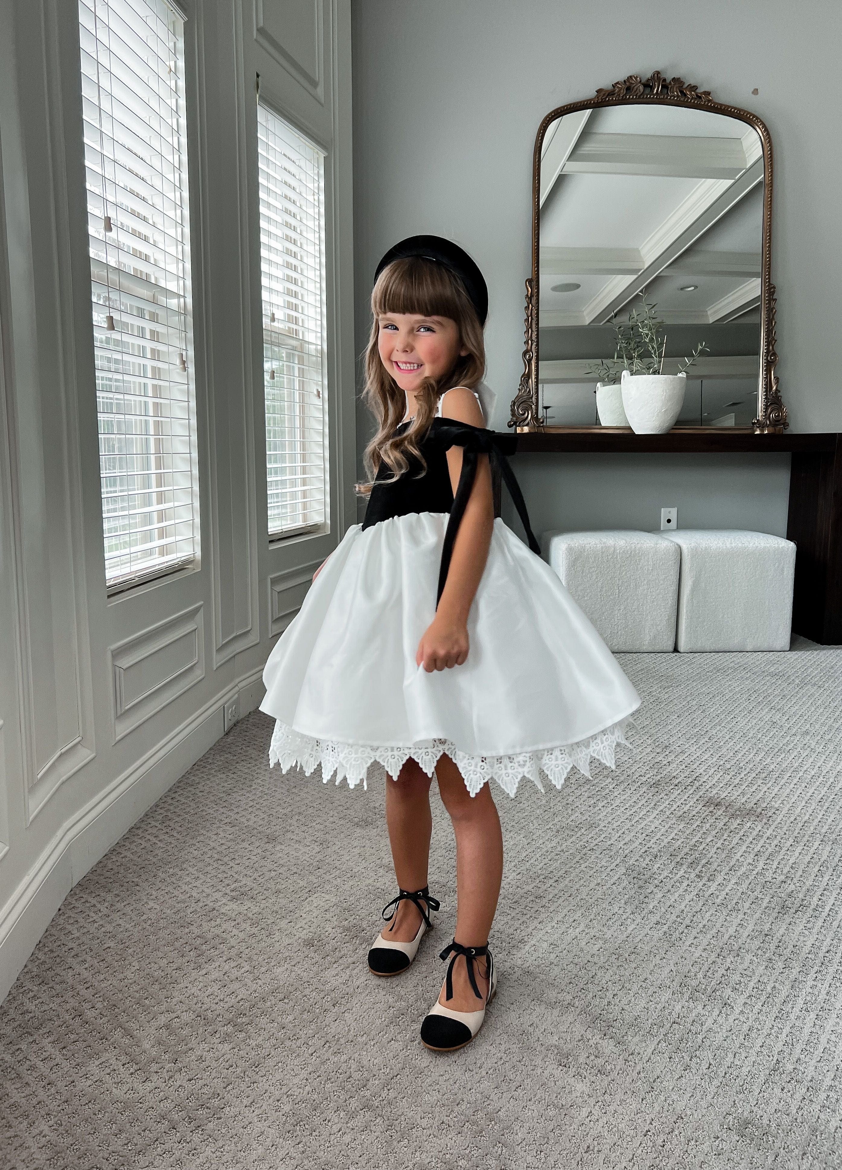 Audrey Black Velour Top and White Sateen Dress - Petite Maison Kids