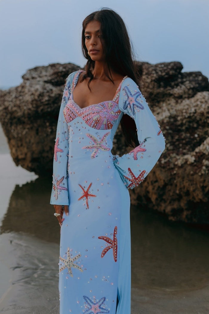 Cresscent Shell Bell Sleeve Dress Blue