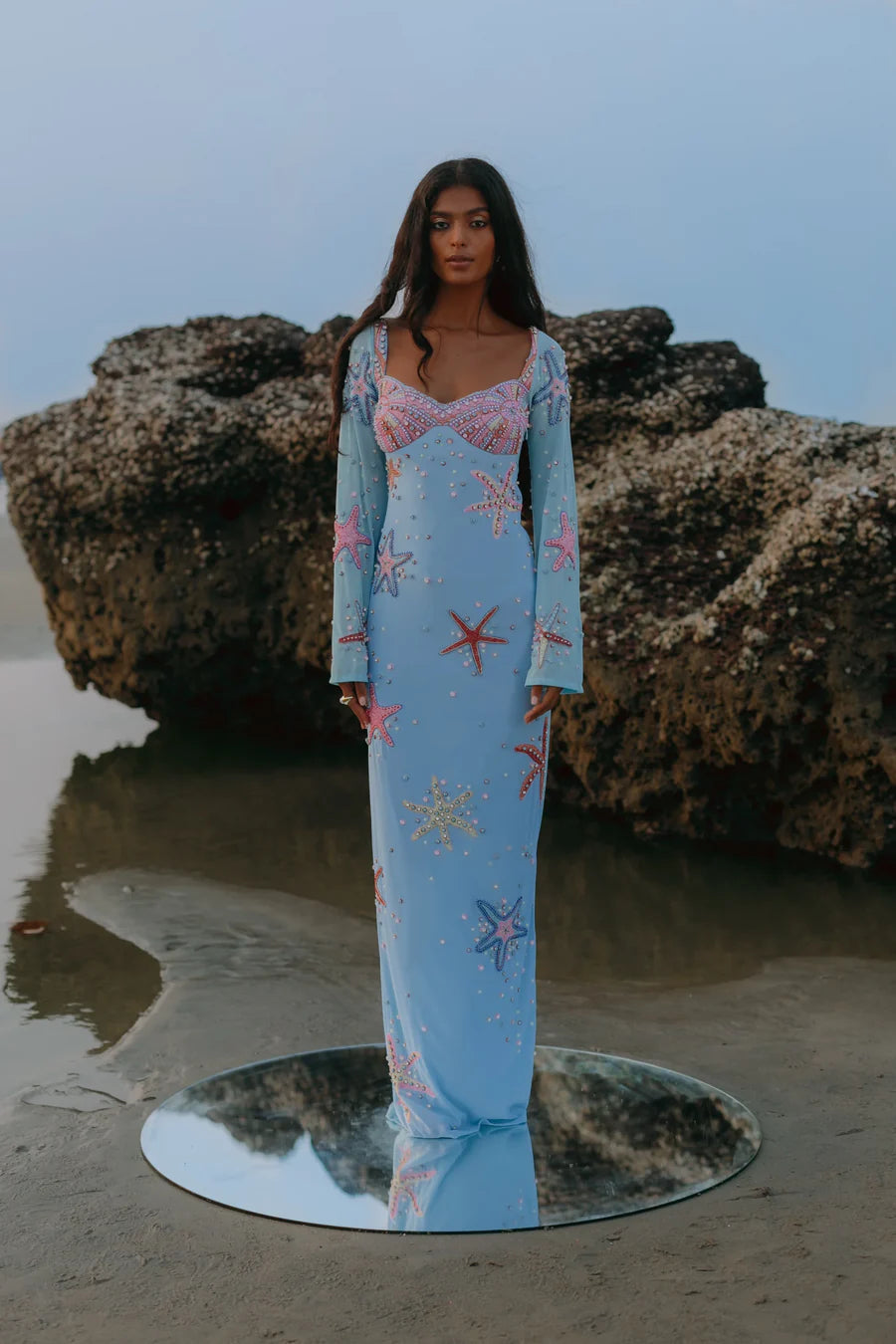 Cresscent Shell Bell Sleeve Dress Blue
