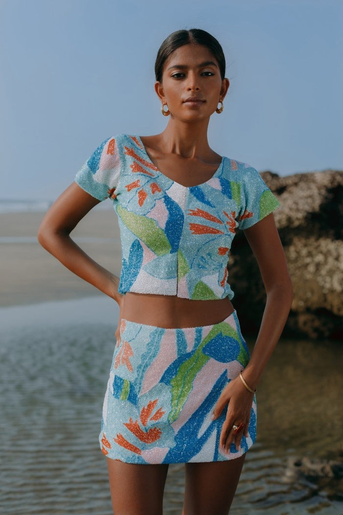 Maya Petal Hand Beaded Top Blue