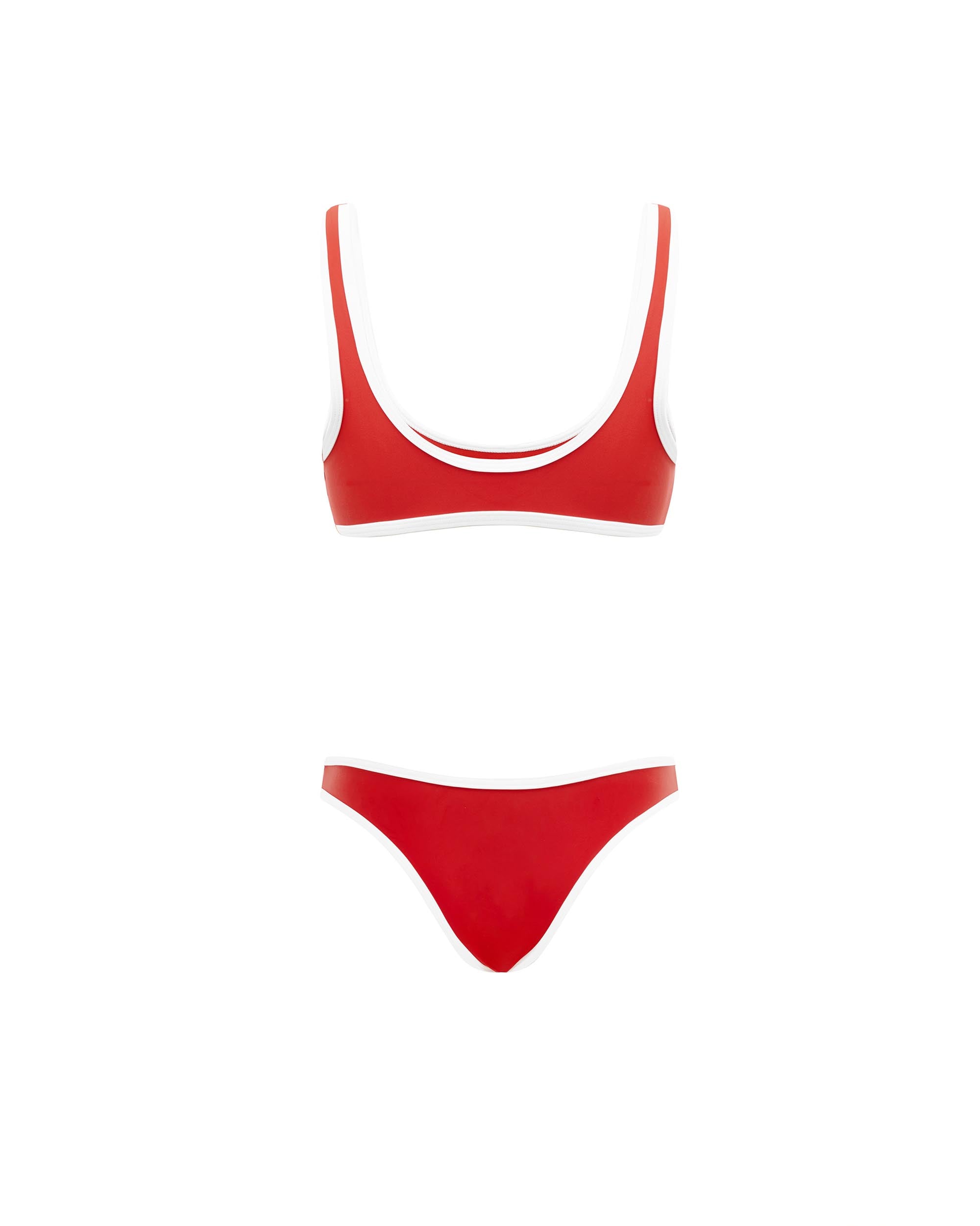Studio image of the back of the 90s Duo Pant in Red and White Contrast, highlighting its cheeky bottom coverage.