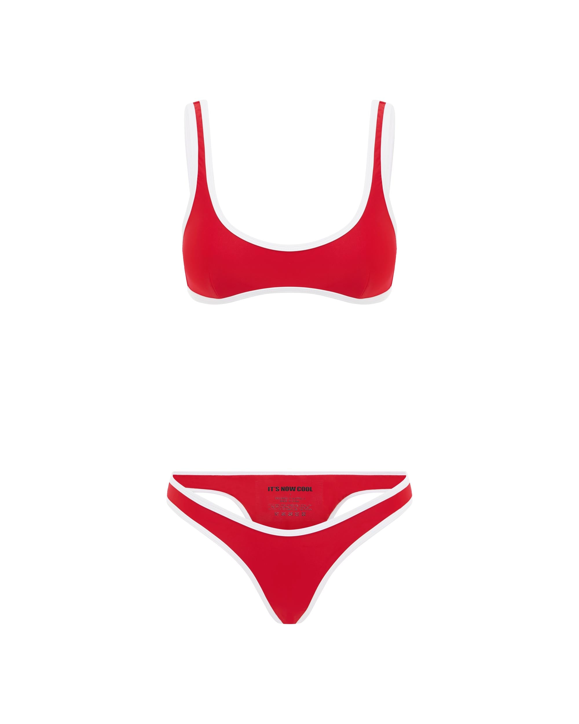 Studio image of the 90s Duo Pant in Red and White Contrast, showcasing its high leg cut and contrast binding.