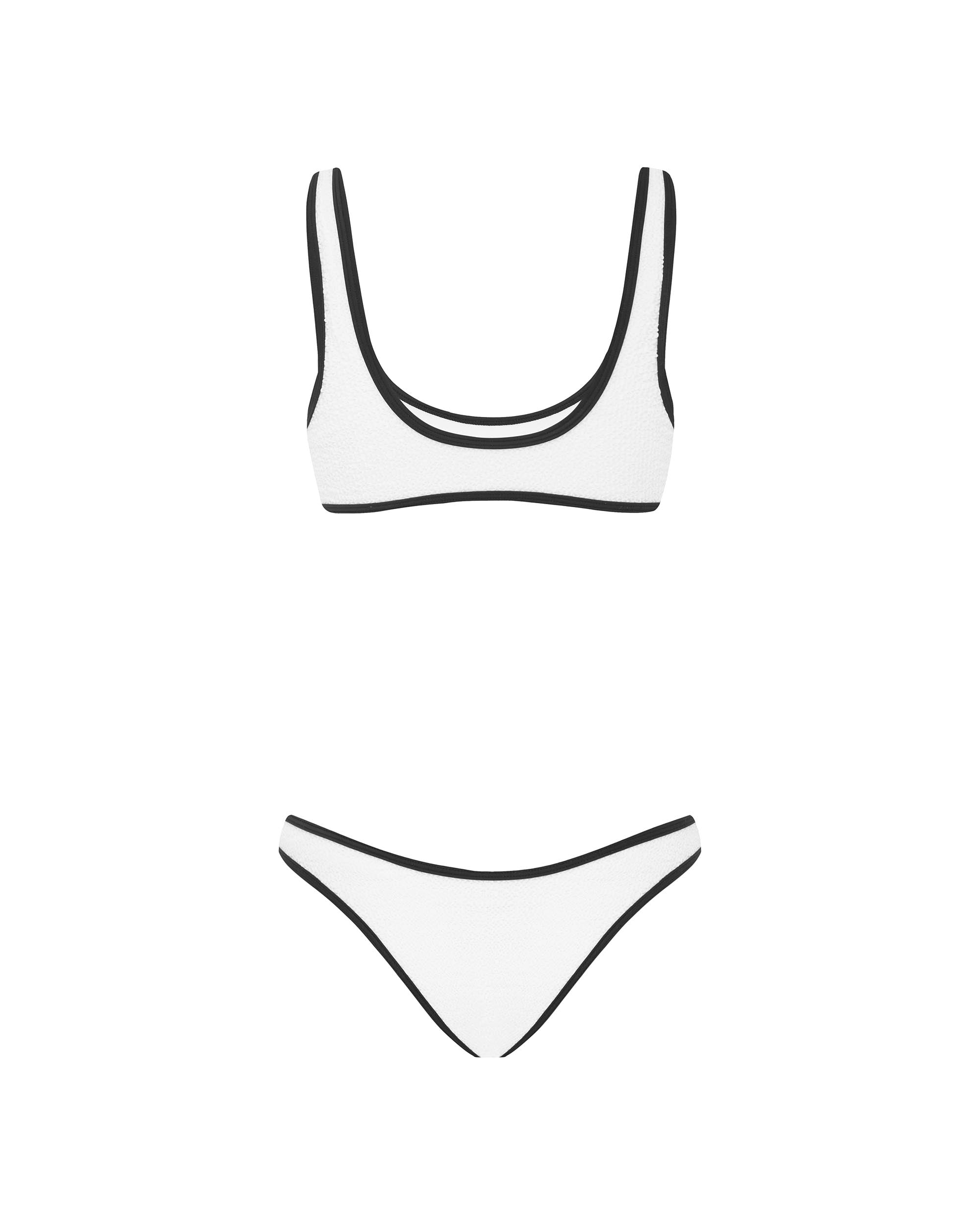 Studio image of the back of the 90s Duo Pant in White and Black Crimp, showcasing its cheeky bottom coverage and contrast binding.