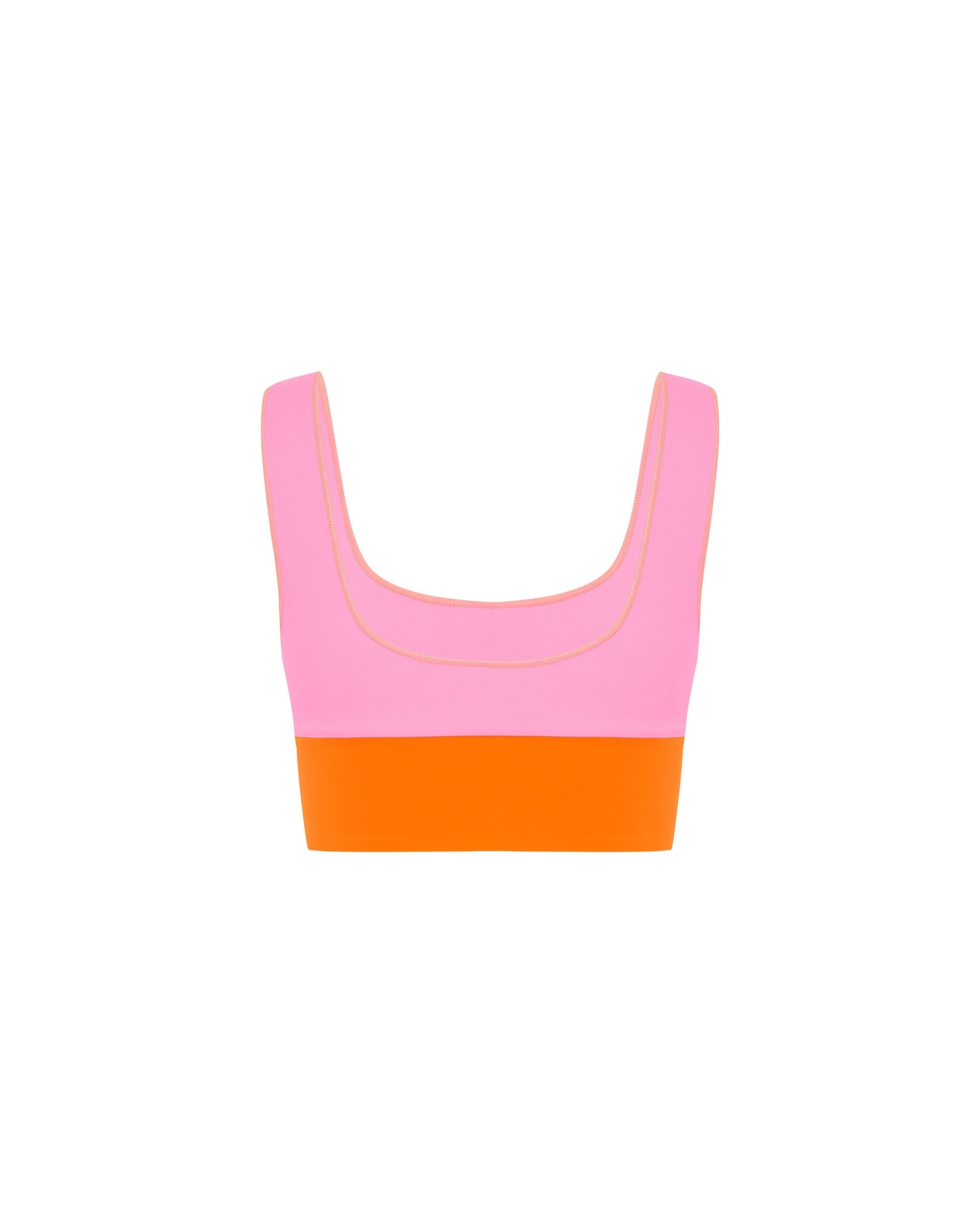 Studio image of the back of the Contour Crop Top in Bronte, featuring its pink and orange compression fit.