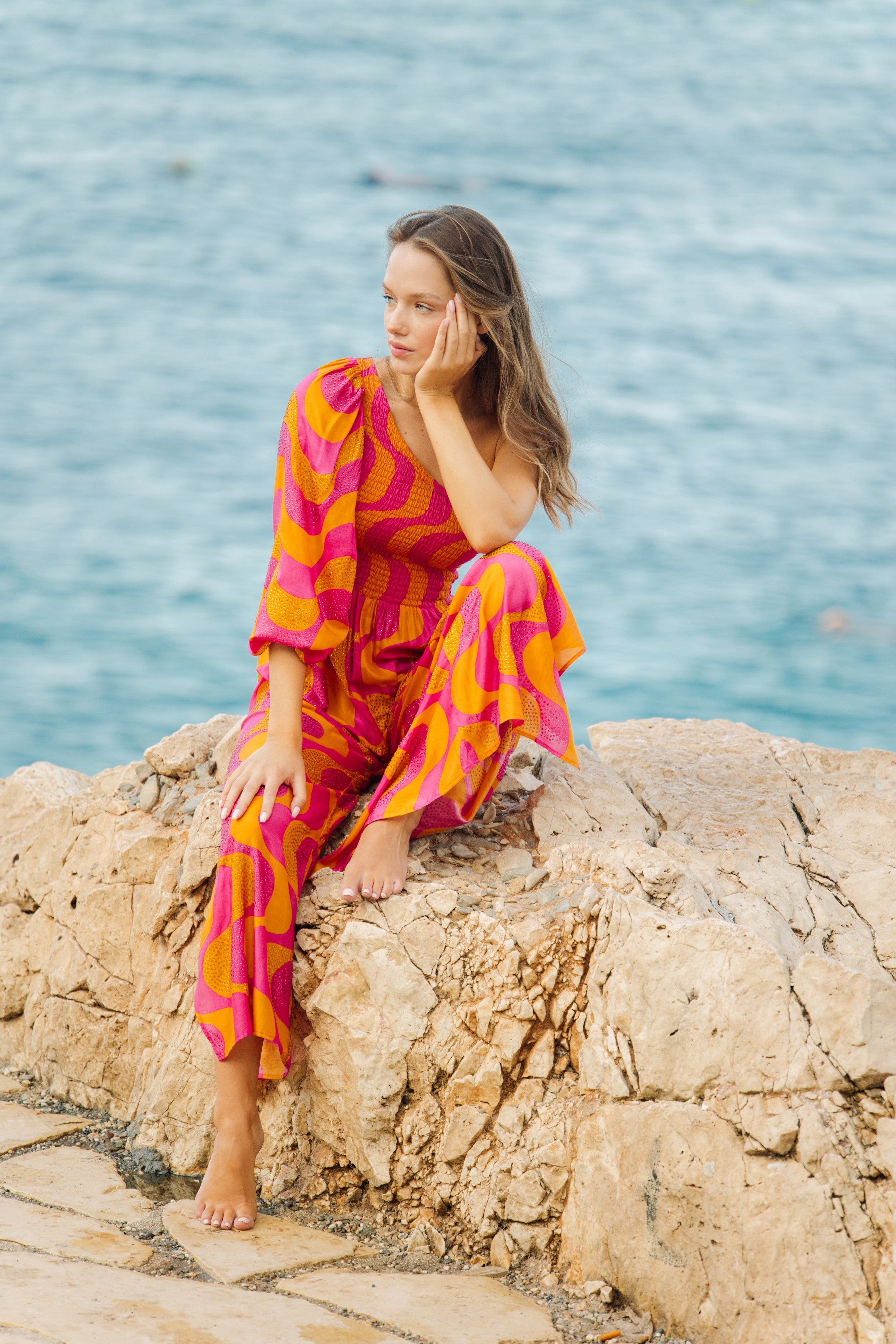 JOANNA JUMPSUIT AMAZONIA PRINT WITH RHINESTONES FUCHSIA & ORANGE | SUNDRESS