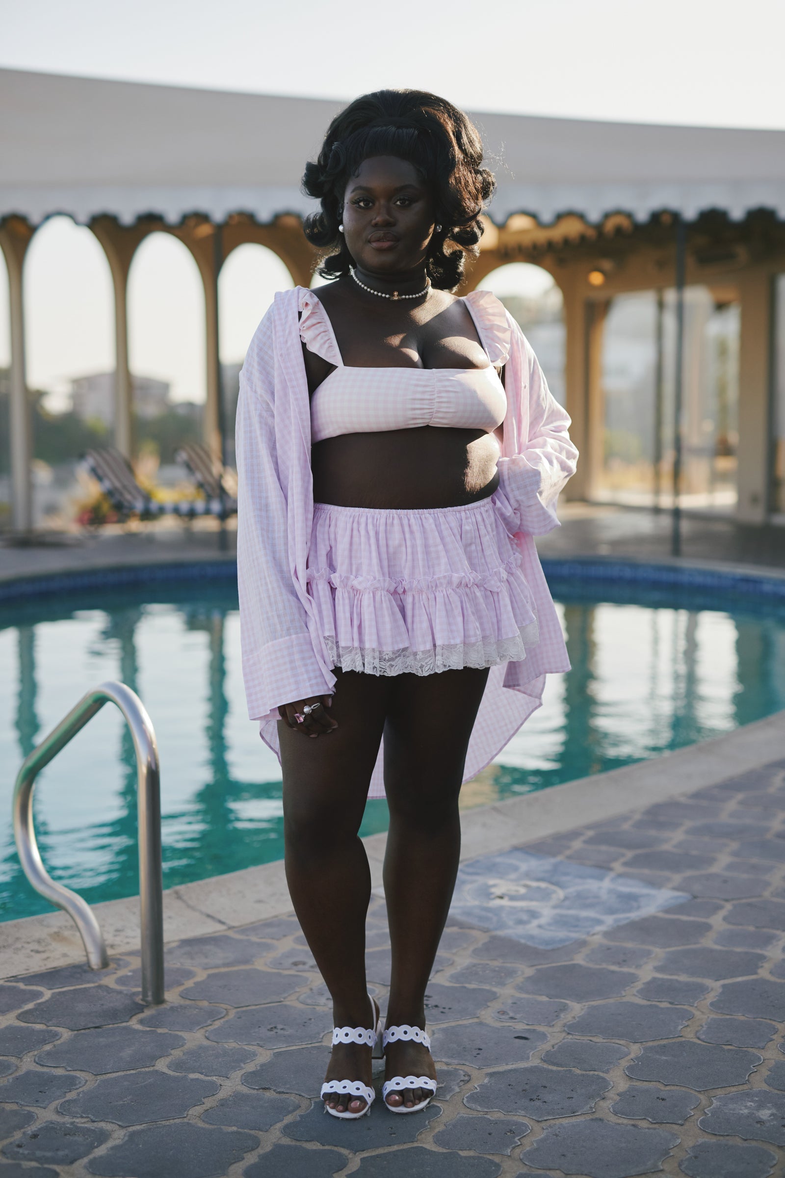 The Pink Gingham Ruffle Bikini Top