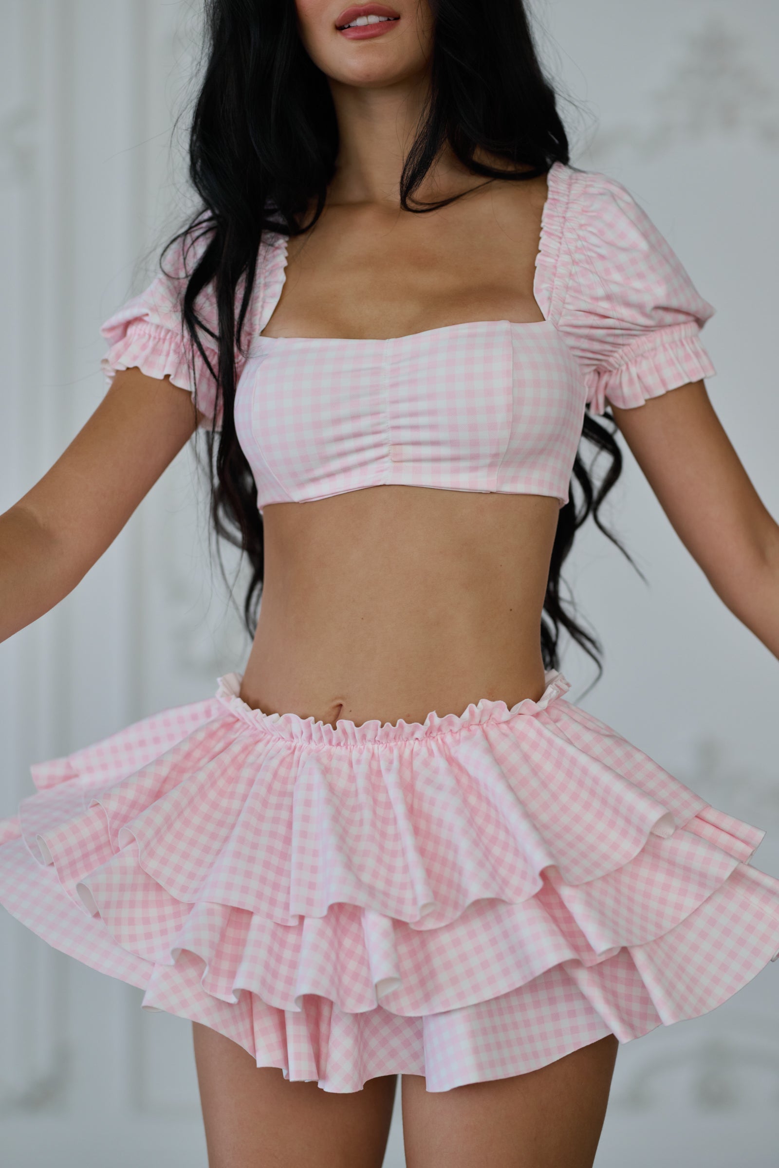 The Pink Gingham Babydoll Bikini Top