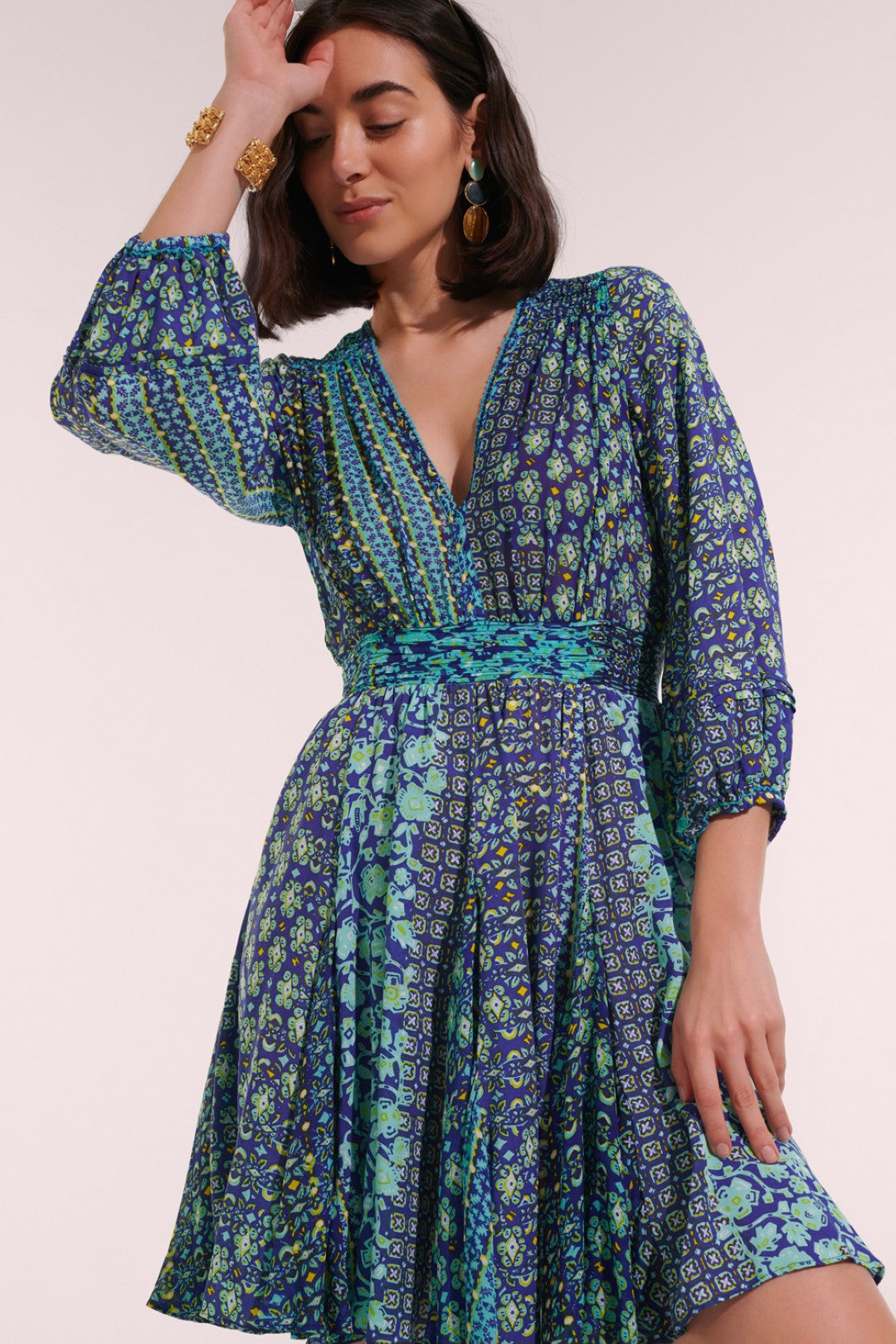 MINI DRESS ANABELLE V & V CREP - BLUE VERTI BATIK