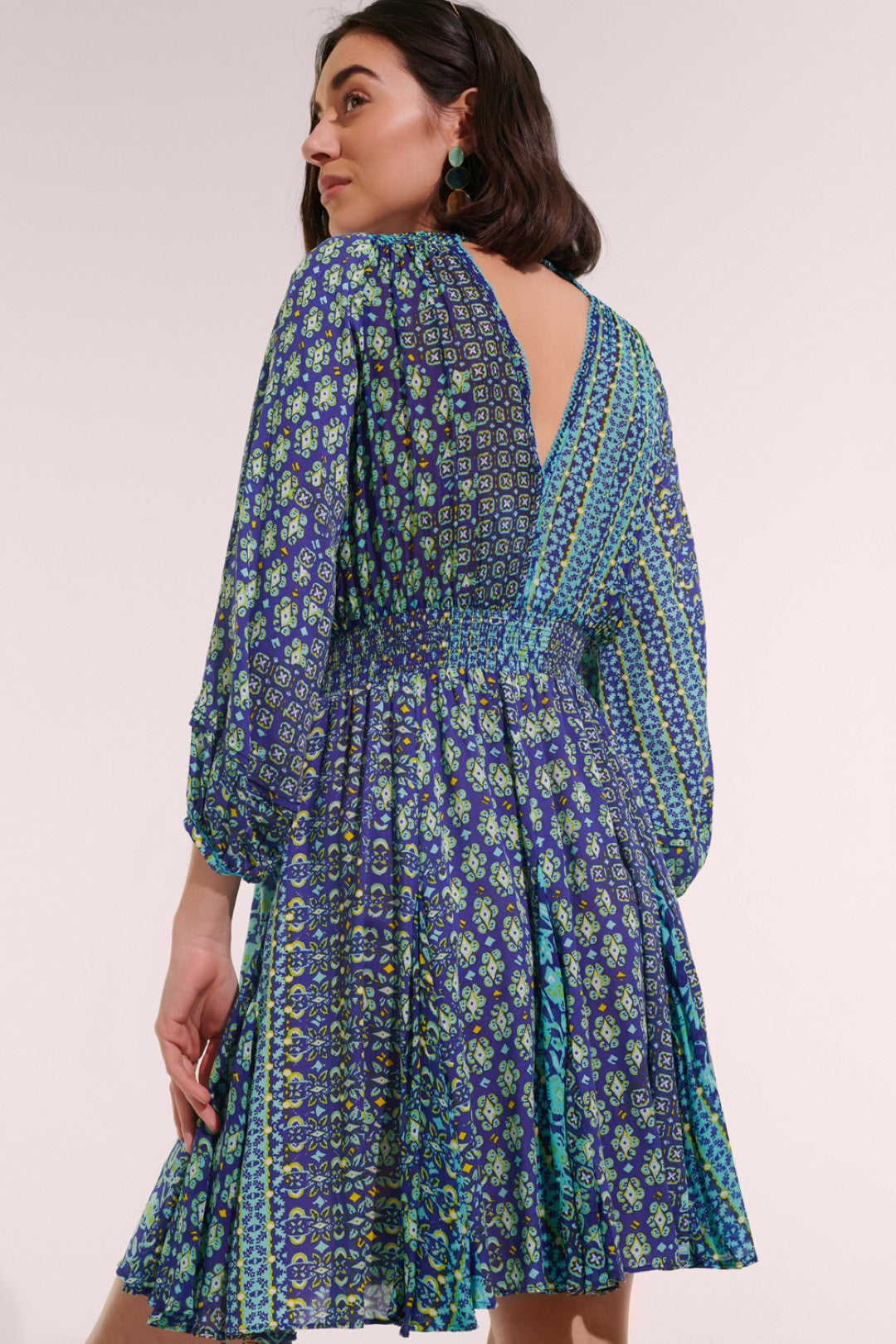 MINI DRESS ANABELLE V & V CREP - BLUE VERTI BATIK