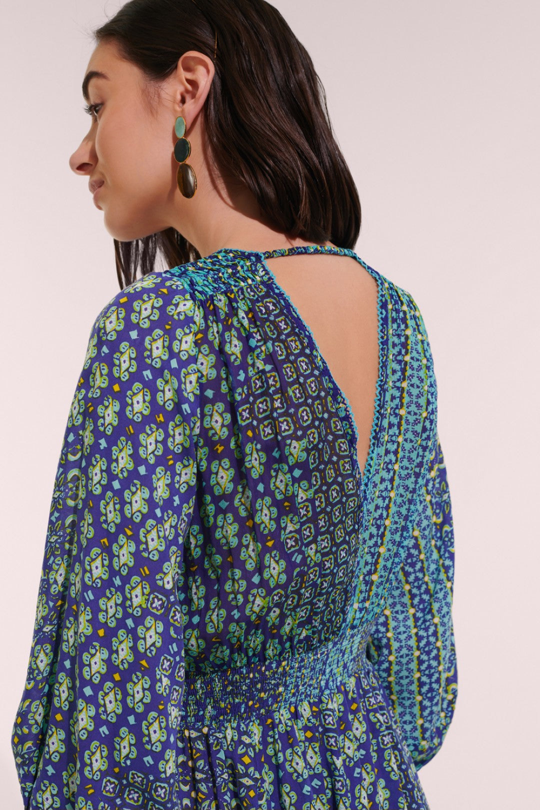 MINI DRESS ANABELLE V & V CREP - BLUE VERTI BATIK