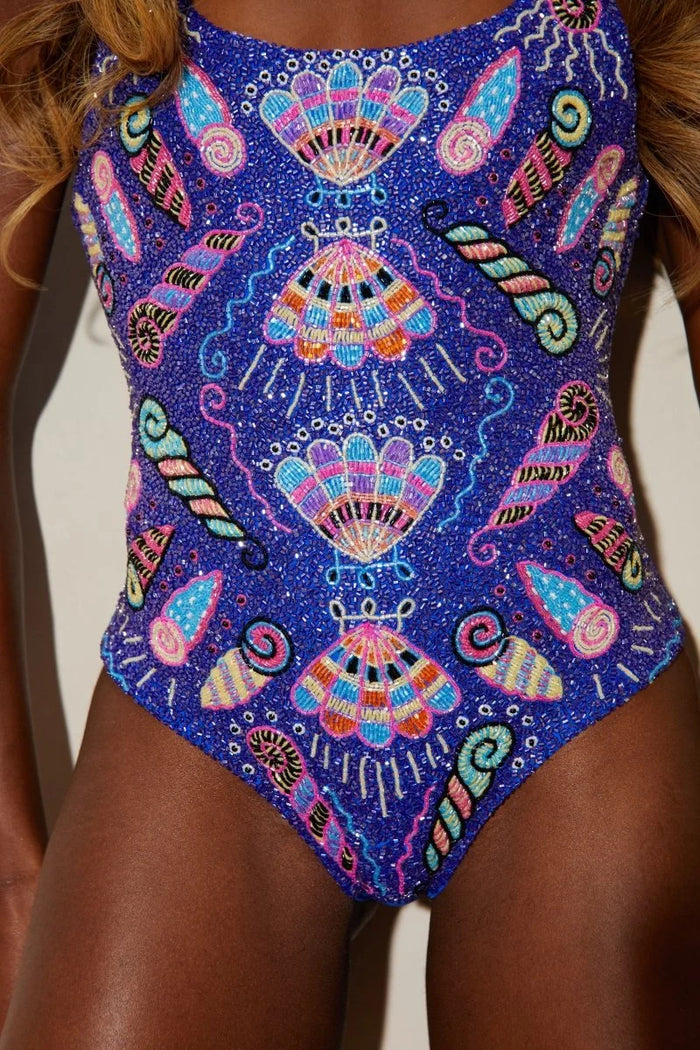 Oceanus x Zandra Rhodes Dream Shell Hand Beaded Swimsuit Purple