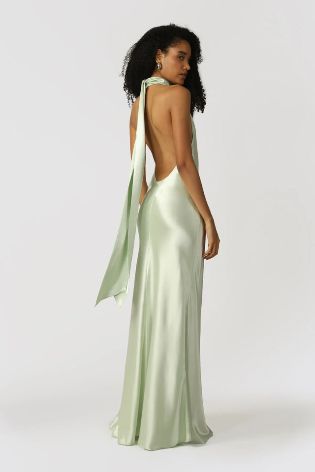 Penelope Backless Satin Gown - Pistachio