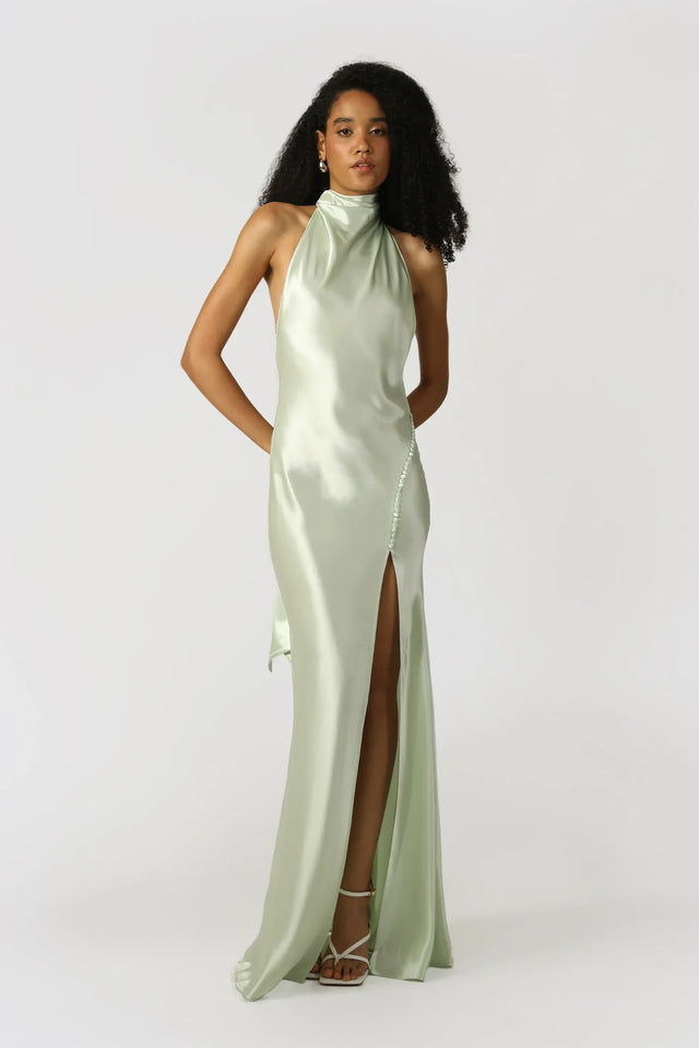 Penelope Backless Satin Gown - Pistachio