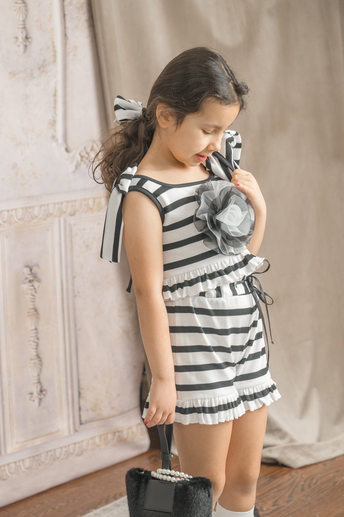 Monaco Black and White Hair Bow Scrunchie - Petite Maison Kids