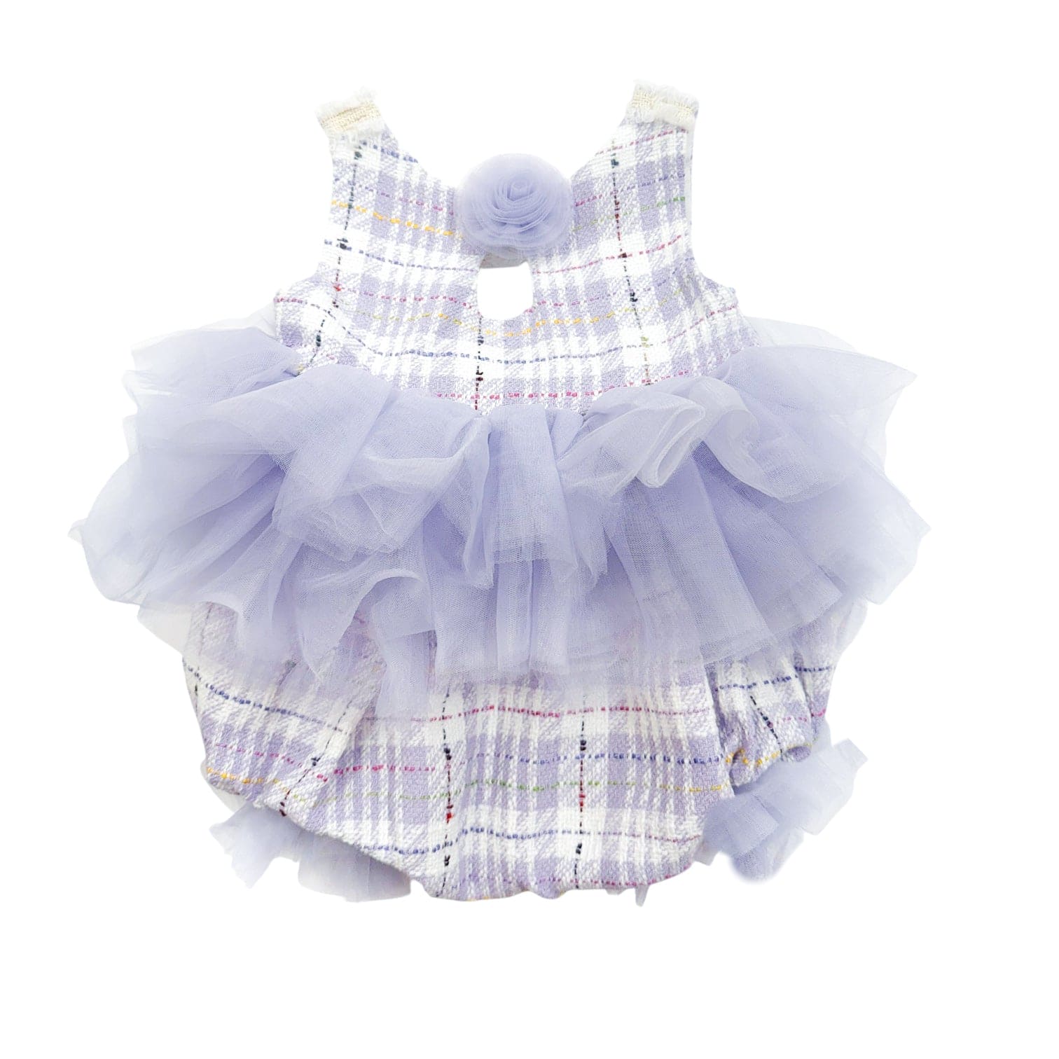 Lavender violet tweed and tulle romper for girls featuring a soft tulle tutu, back criss cross straps, side zipper closure, and snap bottom for easy diaper changes.