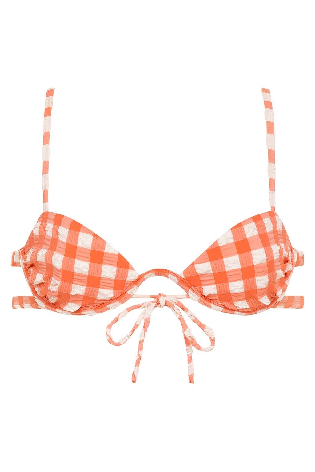 Shrimp Gingham Elany Tie-Up Bikini Top