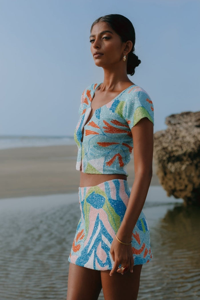 Maya Petal Hand Beaded Top Blue