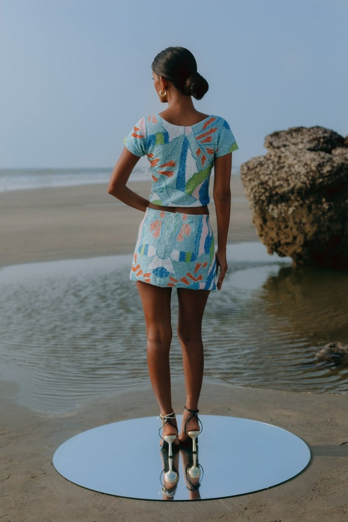 Maya Petal Hand Beaded Top Blue