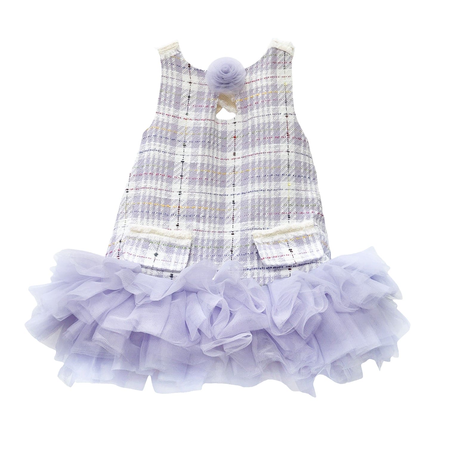 Violet tweed and tulle girls dress with lavender fitted bodice, tulle flower accent, criss cross back, voluminous skirt, and cotton lining.