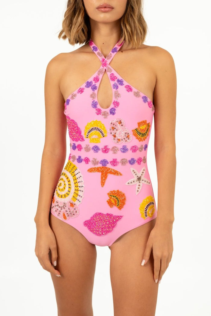 Sirena Cross Over Swimsuit In Pink New York Print