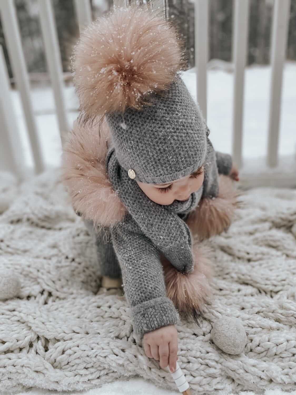 Honeycomb Grey Cashmere Beanie Hats - Pink Pom - Petite Maison Kids