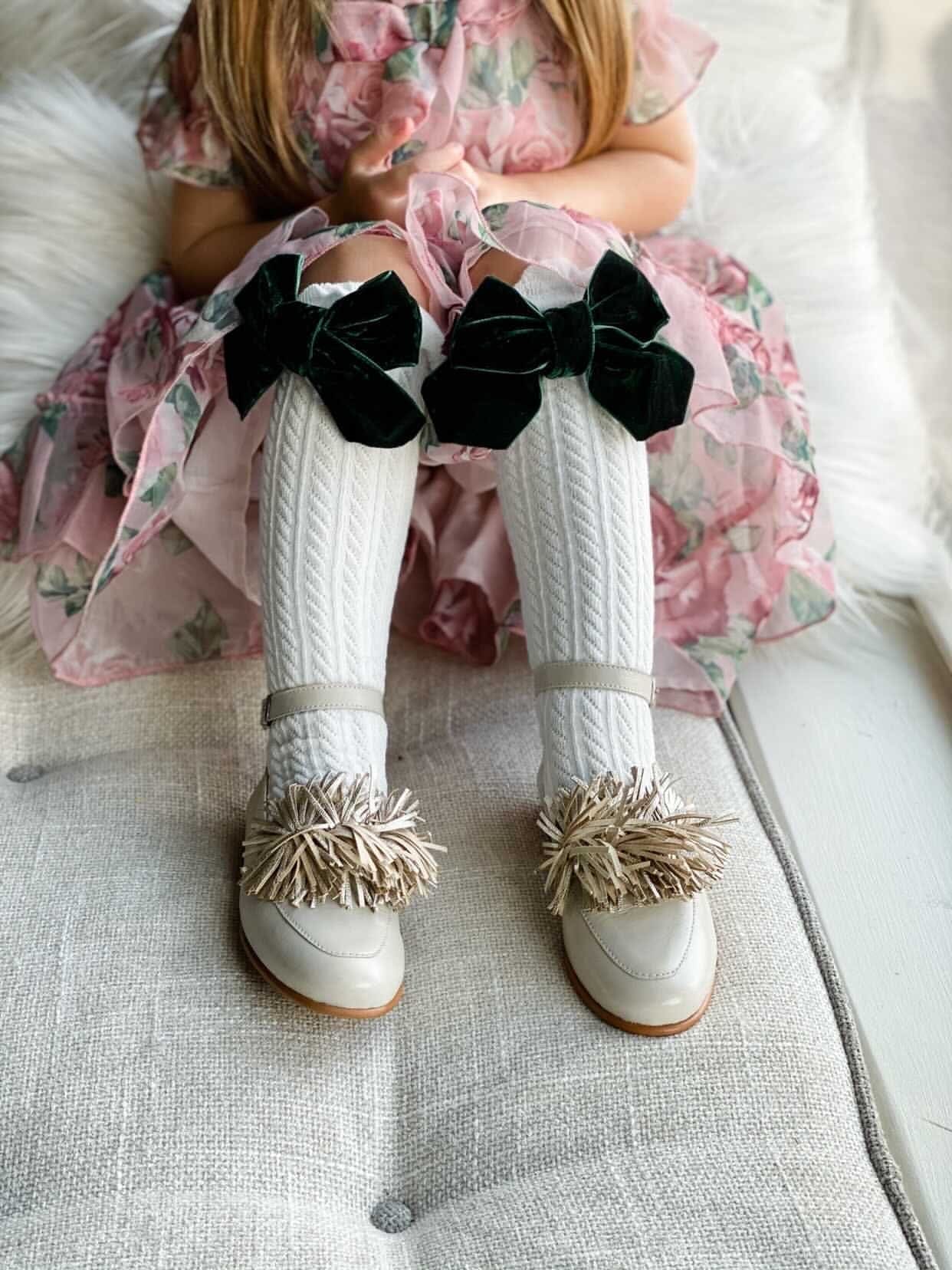 White Knee High Socks - Royal Green Bow - Petite Maison Kids