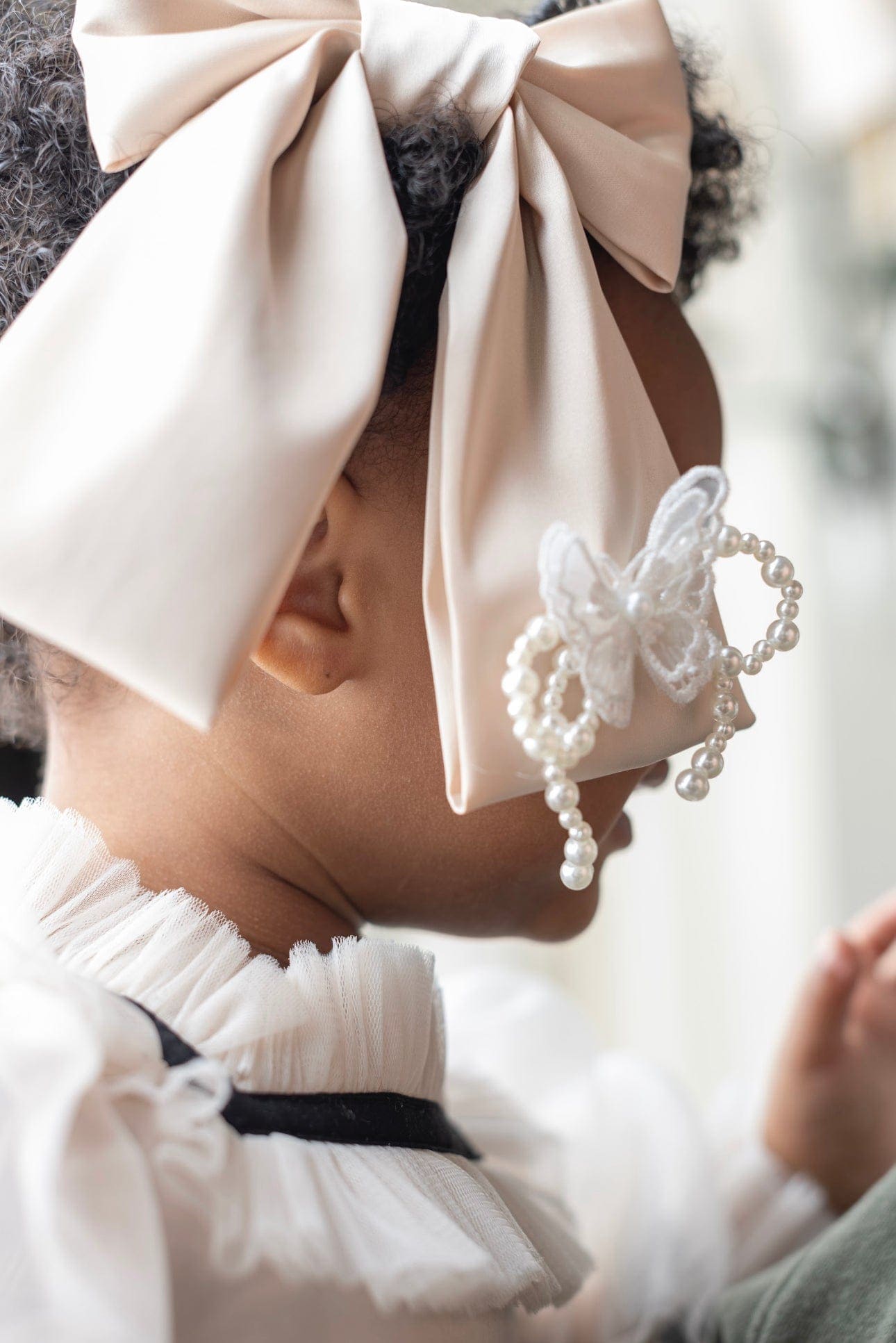 Anise Satin Embroidered Hair Bow champagne ribbon bow with butterfly accent