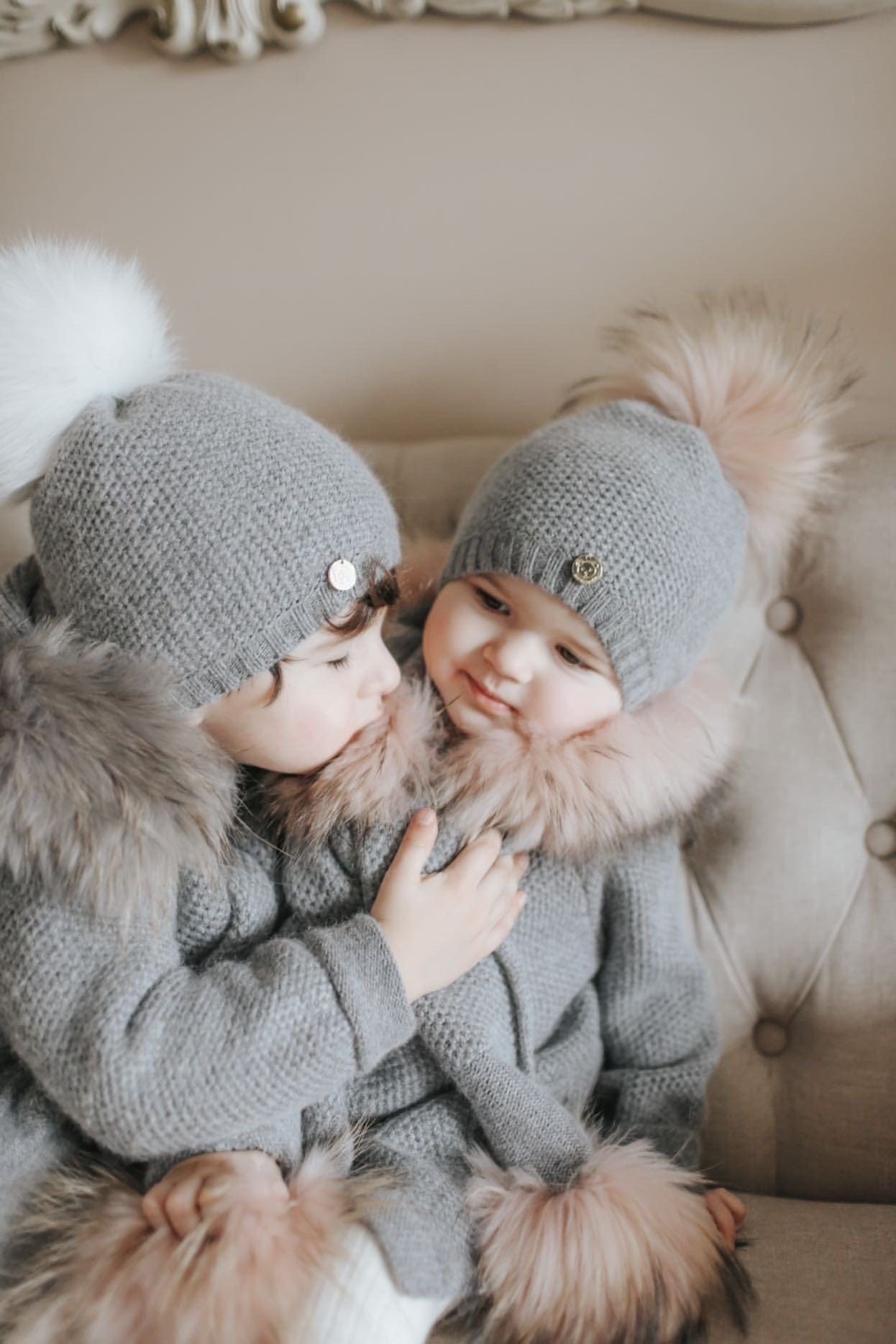 Honeycomb Grey Cashmere Beanie Hats - Pink Pom - Petite Maison Kids
