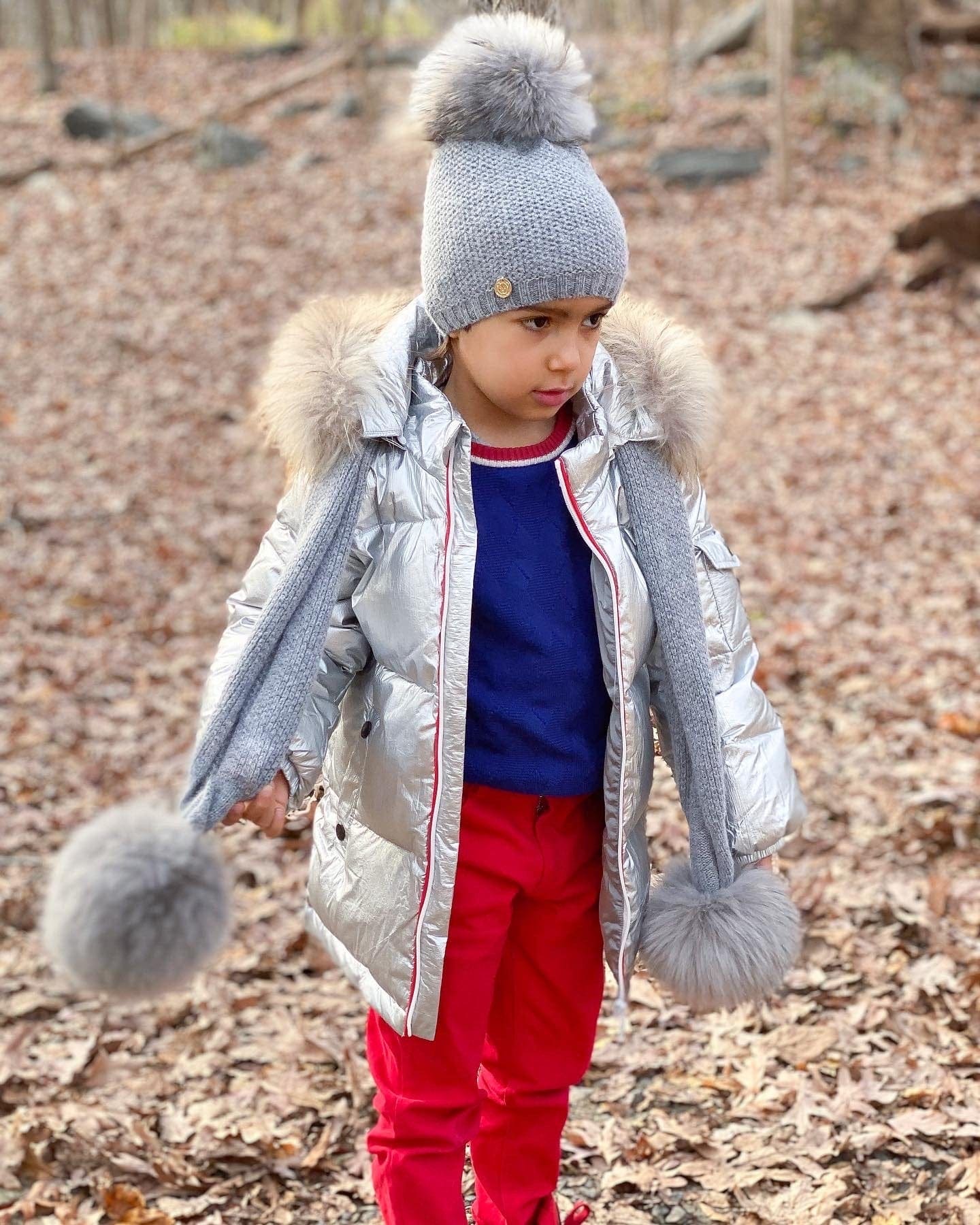 Honeycomb Grey Cashmere Beanie Hats - Grey Pom - Petite Maison Kids