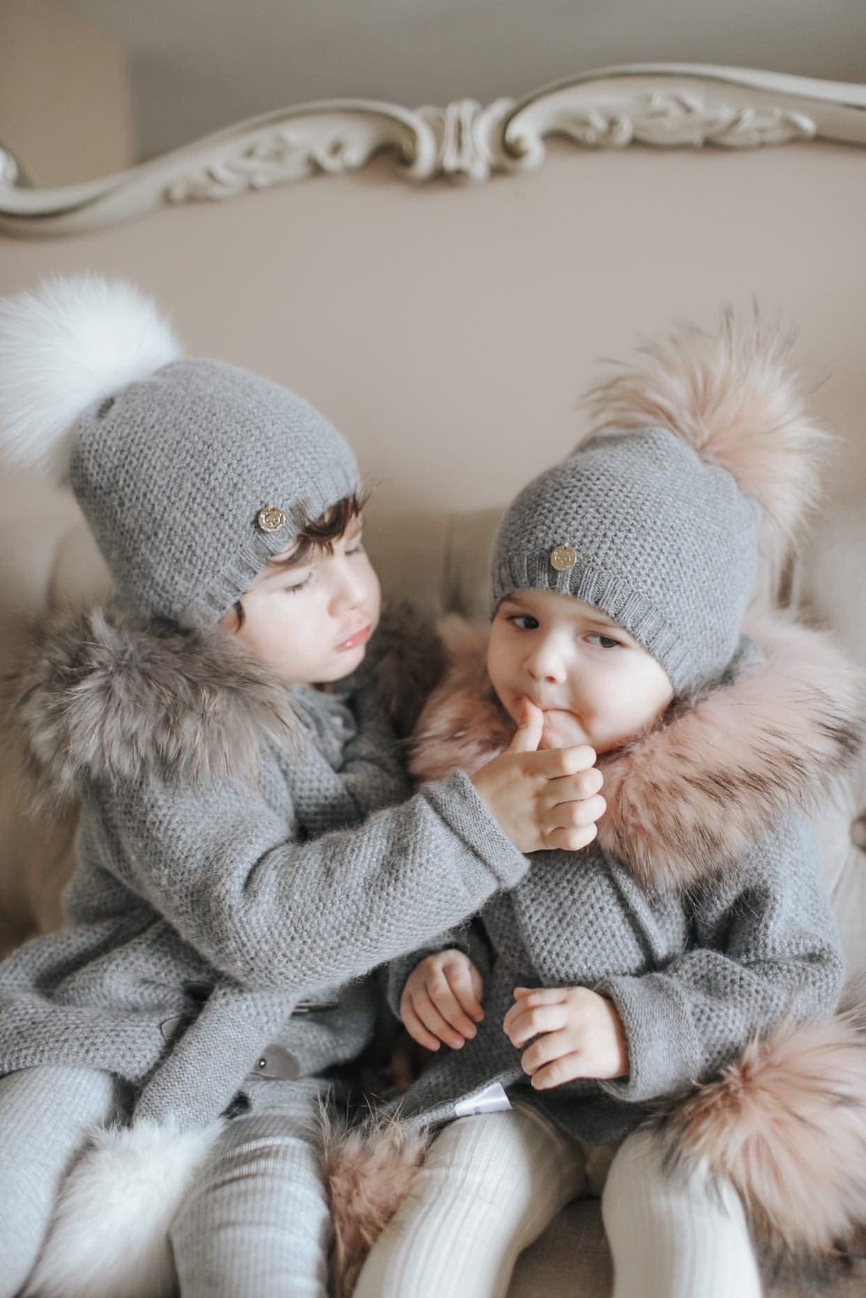 Honeycomb Grey Cashmere Beanie Hats - Pink Pom - Petite Maison Kids
