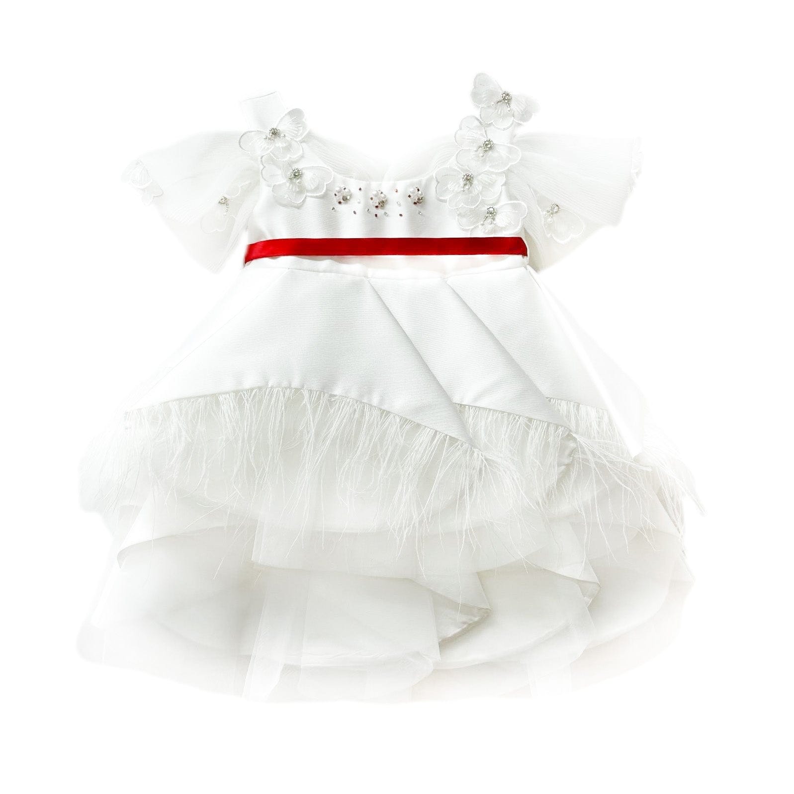 Constanza White Ceremony dress with red satin bow displayed flat showcasing delicate embroidered floral details and a voluminous layered tulle skirt for special occasions